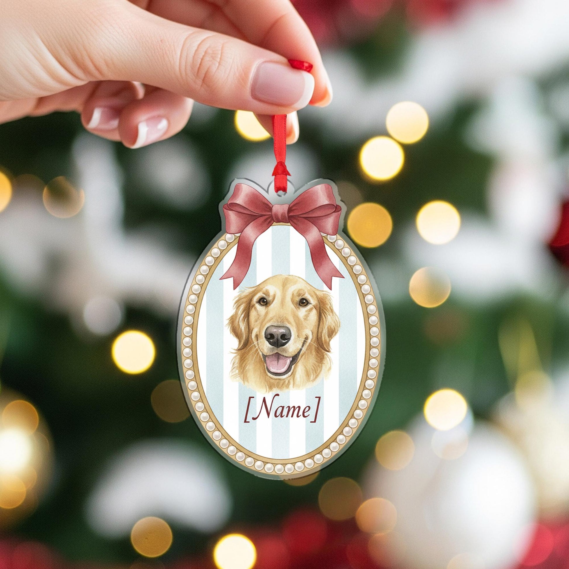 Personalized Dog Ornament Golden Retriever – Custom Pet Name, Oval Portrait with Bow