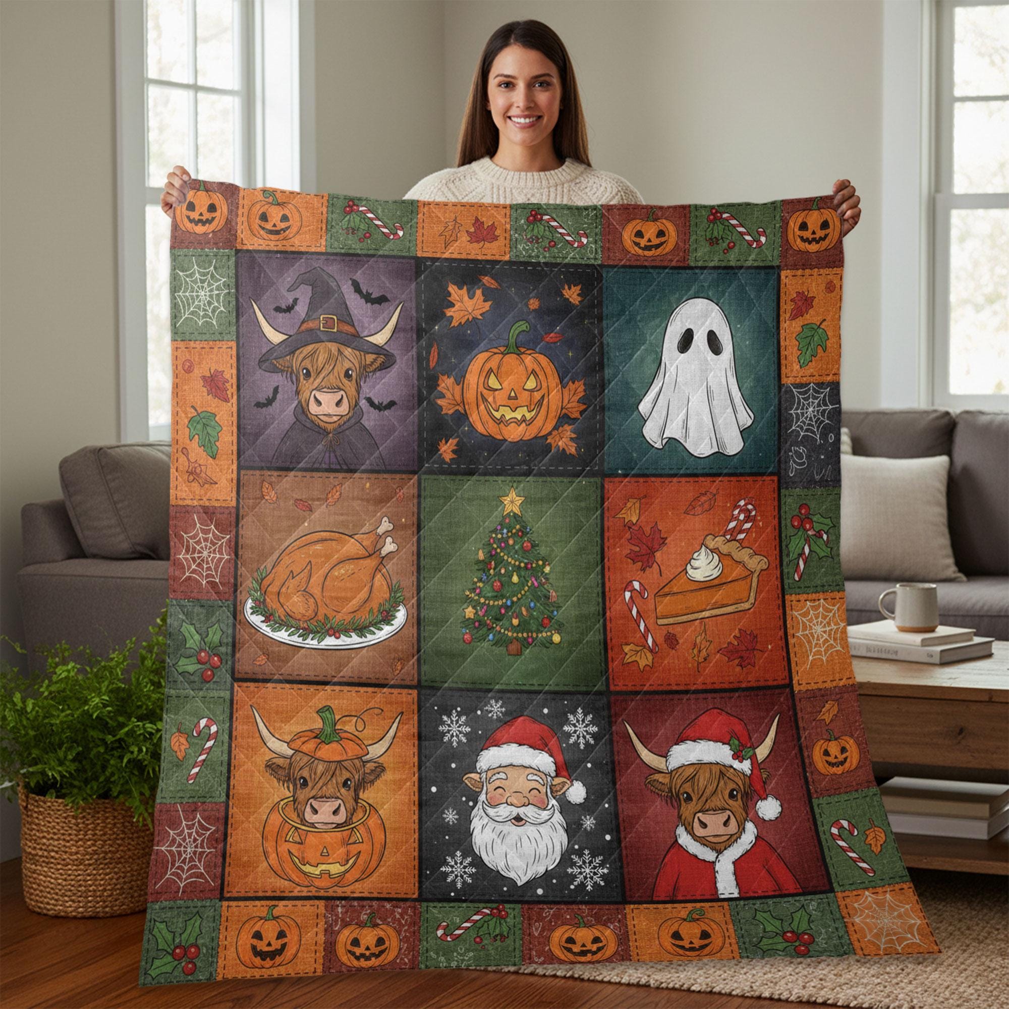 Highland Cow Halloween Quilt Blanket – Patchwork Throw, Printed Blocks, Pumpkins & Ghosts