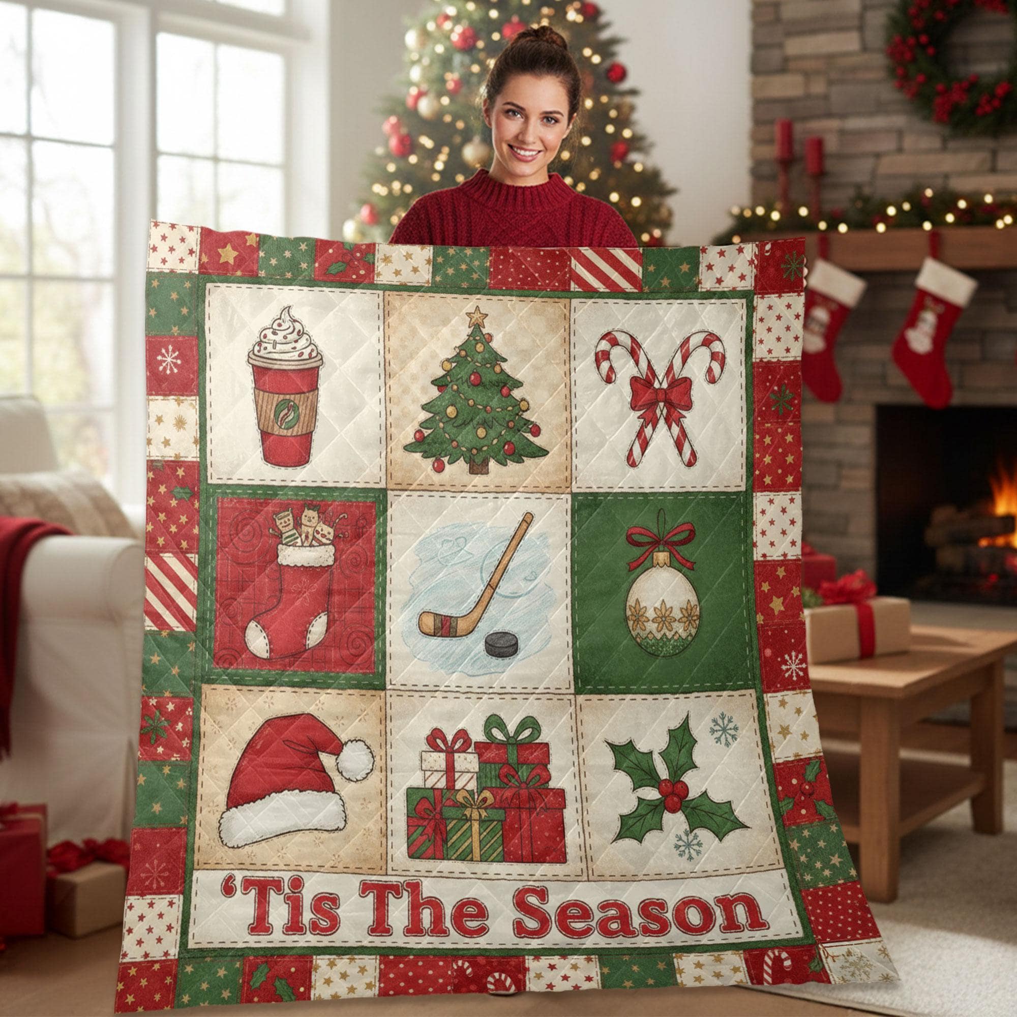 Hockey Christmas Quilt Blanket – Patchwork Throw, Printed Holiday Panels