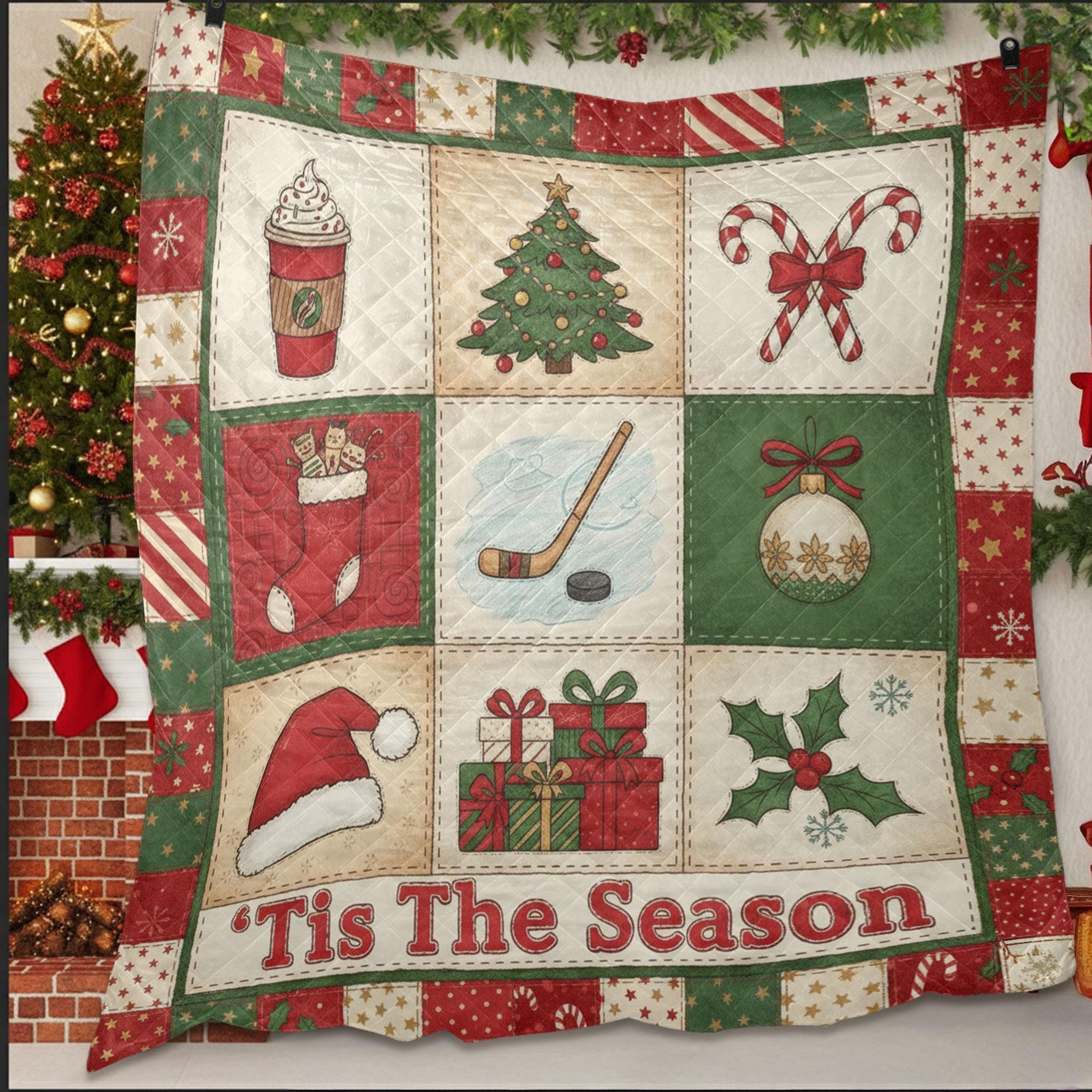 Hockey Christmas Quilt Blanket – Patchwork Throw, Printed Holiday Panels