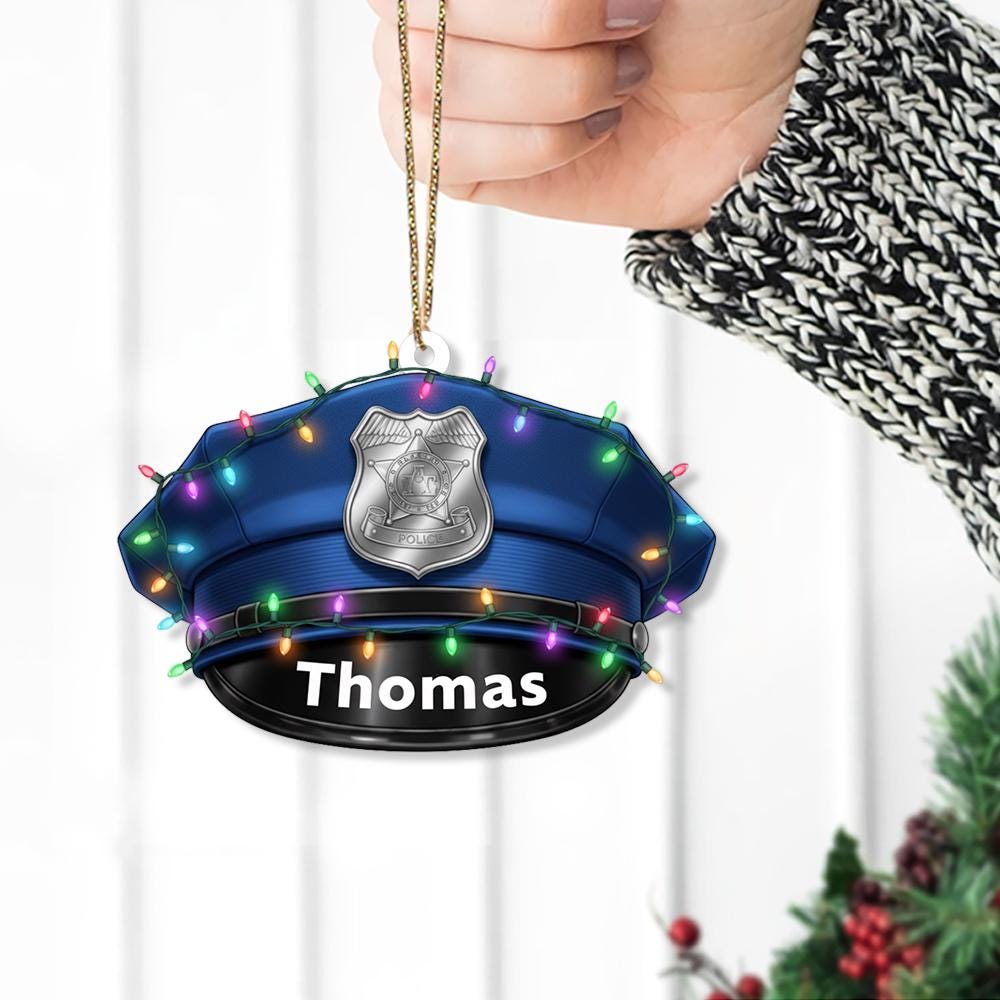 Personalized Ornament – Police Hat with Badge and Christmas Lights, Law Enforcement Decoration