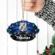 Personalized Ornament – Police Hat with Badge and Christmas Lights, Law Enforcement Decoration