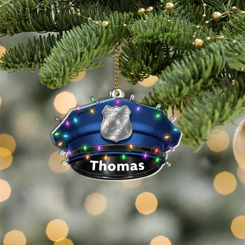 Personalized Ornament – Police Hat with Badge and Christmas Lights, Law Enforcement Decoration