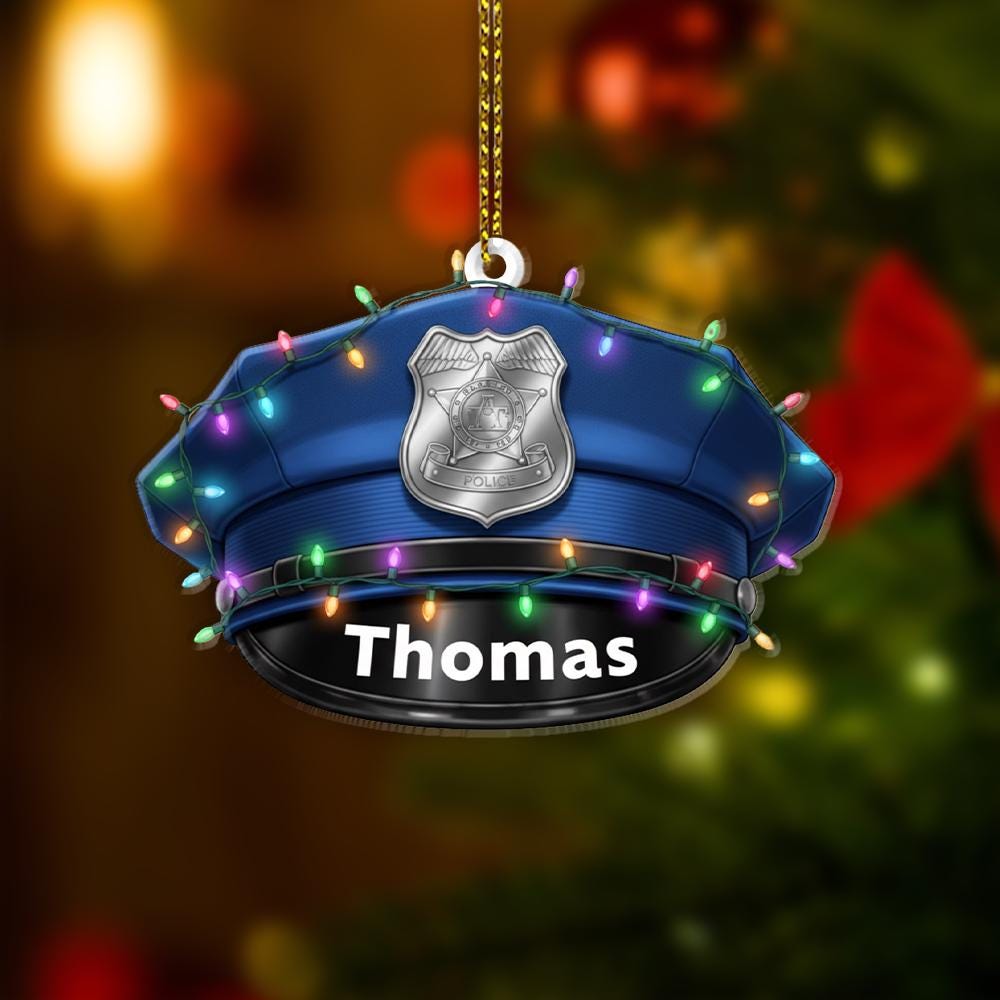 Personalized Ornament – Police Hat with Badge and Christmas Lights, Law Enforcement Decoration