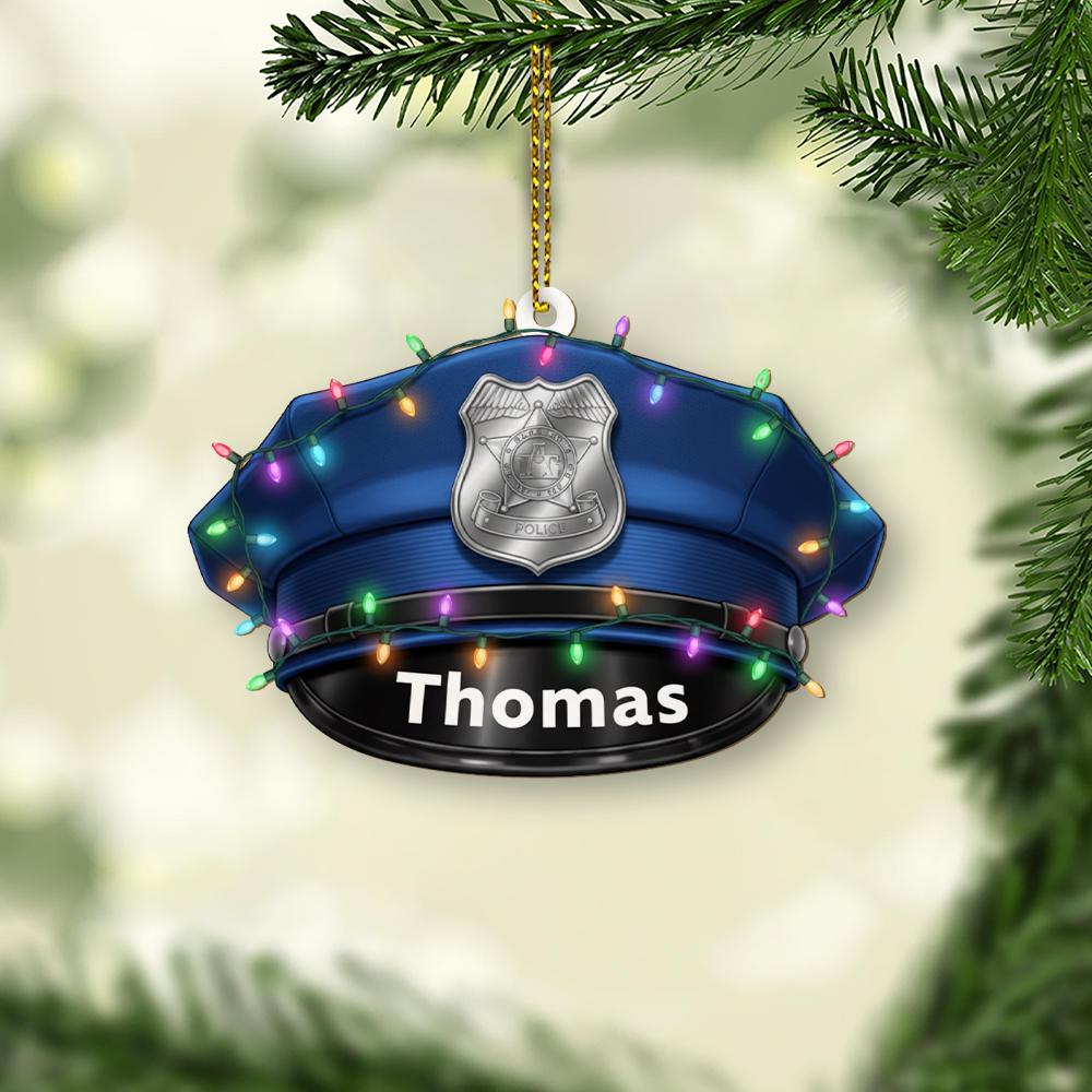 Personalized Ornament – Police Hat with Badge and Christmas Lights, Law Enforcement Decoration