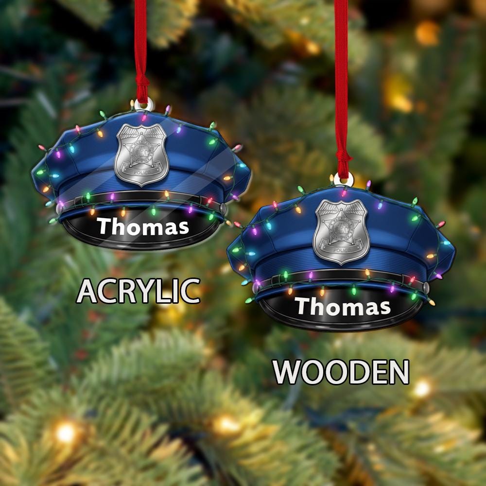 Personalized Ornament – Police Hat with Badge and Christmas Lights, Law Enforcement Decoration