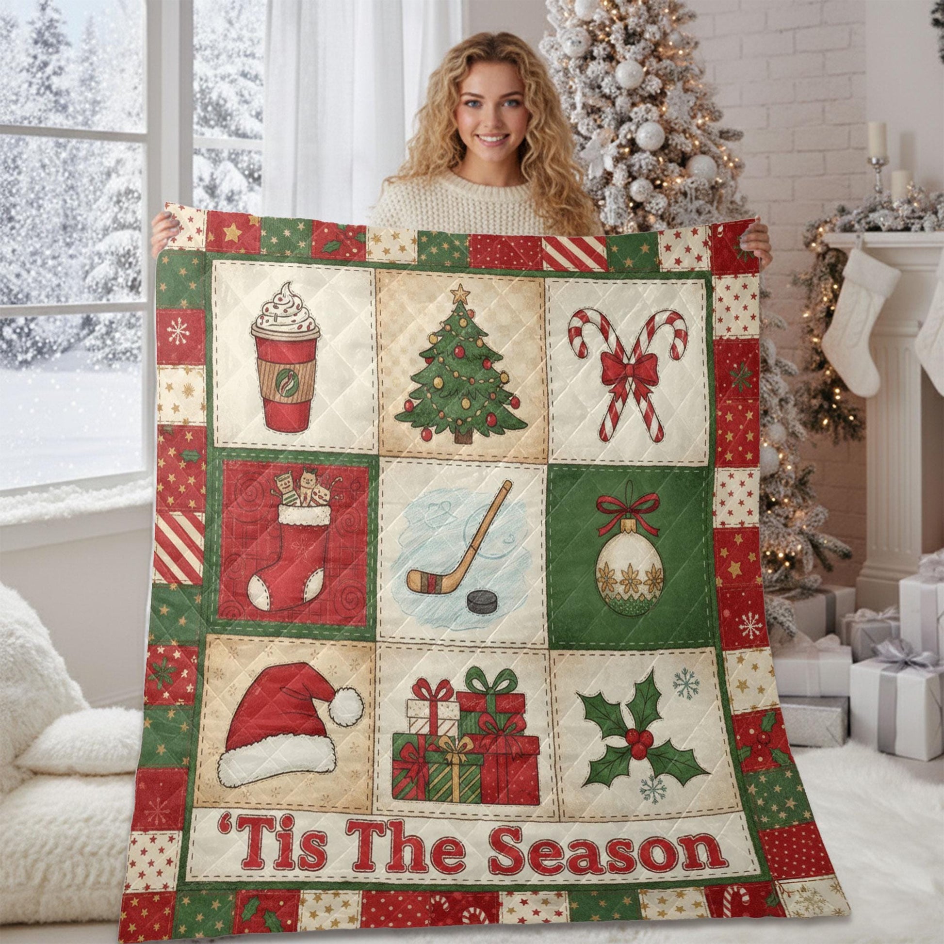 Hockey Christmas Quilt Blanket – Patchwork Throw, Printed Holiday Panels
