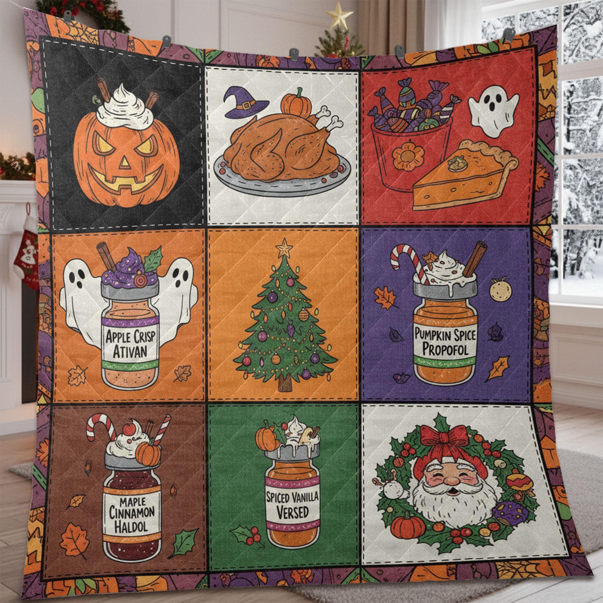 ICU Nurse Quilt Blanket – Patchwork Throw, Holiday Blocks, Medical Jar Art