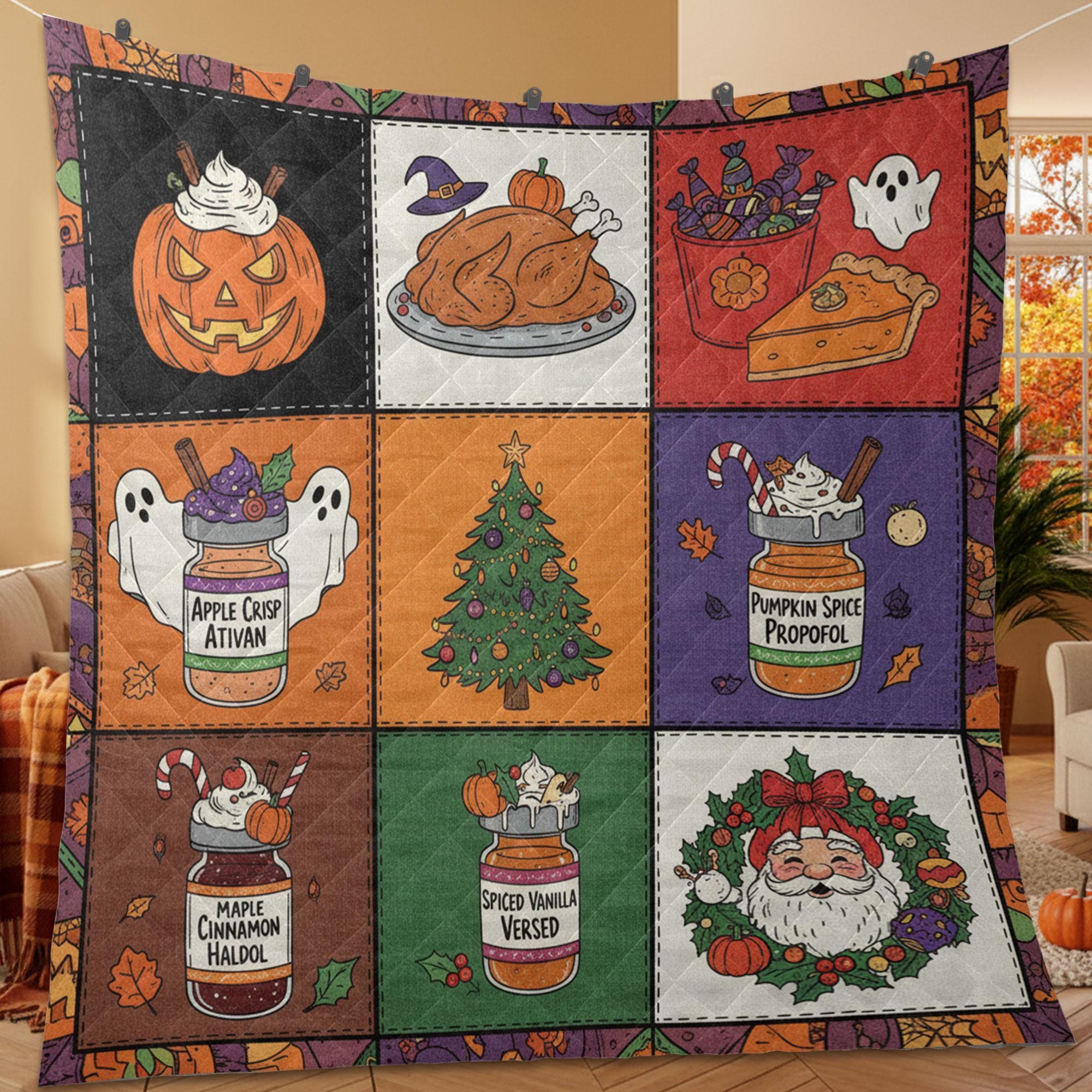 ICU Nurse Quilt Blanket – Patchwork Throw, Holiday Blocks, Medical Jar Art