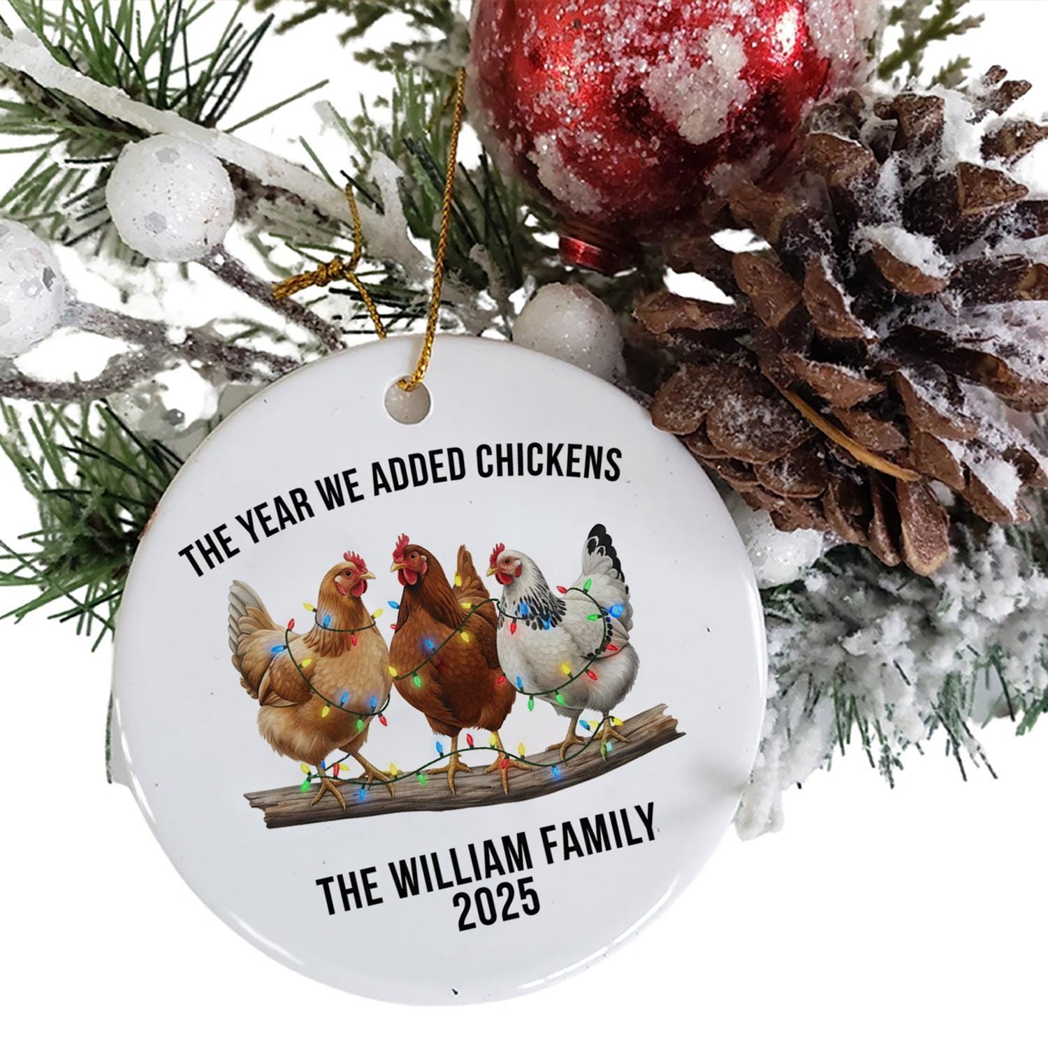 Personalized Ceramic Ornament – Chickens with Holiday Lights, Farm Animal Christmas Decoration