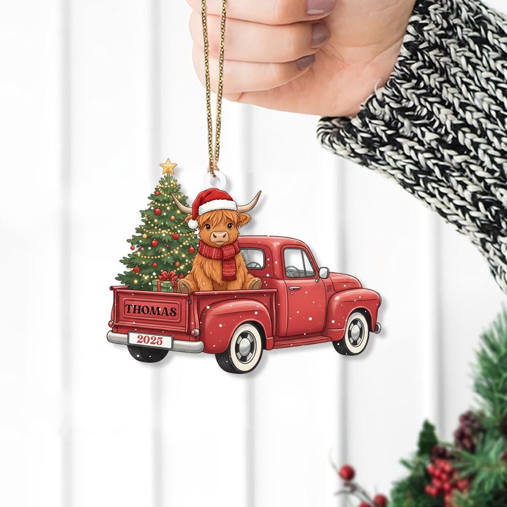 Personalized Ornament – Highland Cow in Red Truck with Christmas Tree Decoration