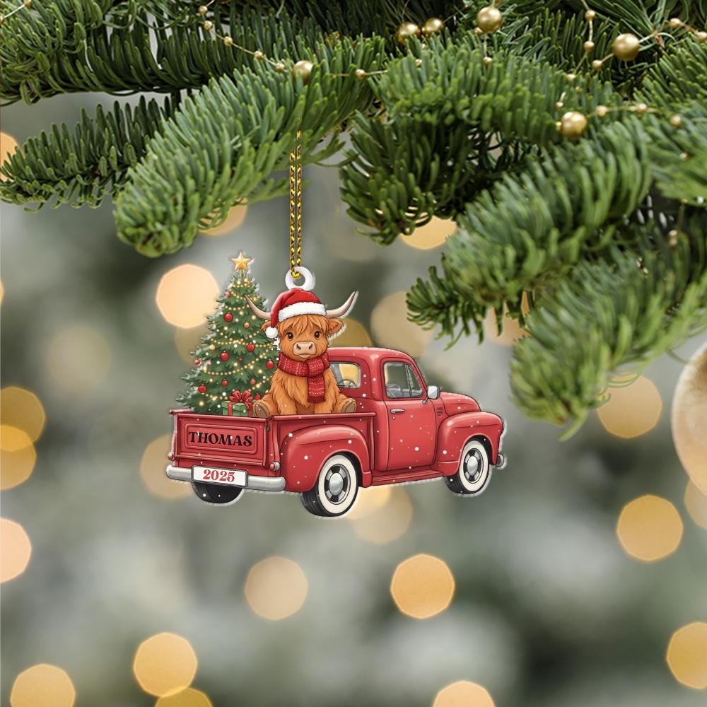 Personalized Ornament – Highland Cow in Red Truck with Christmas Tree Decoration