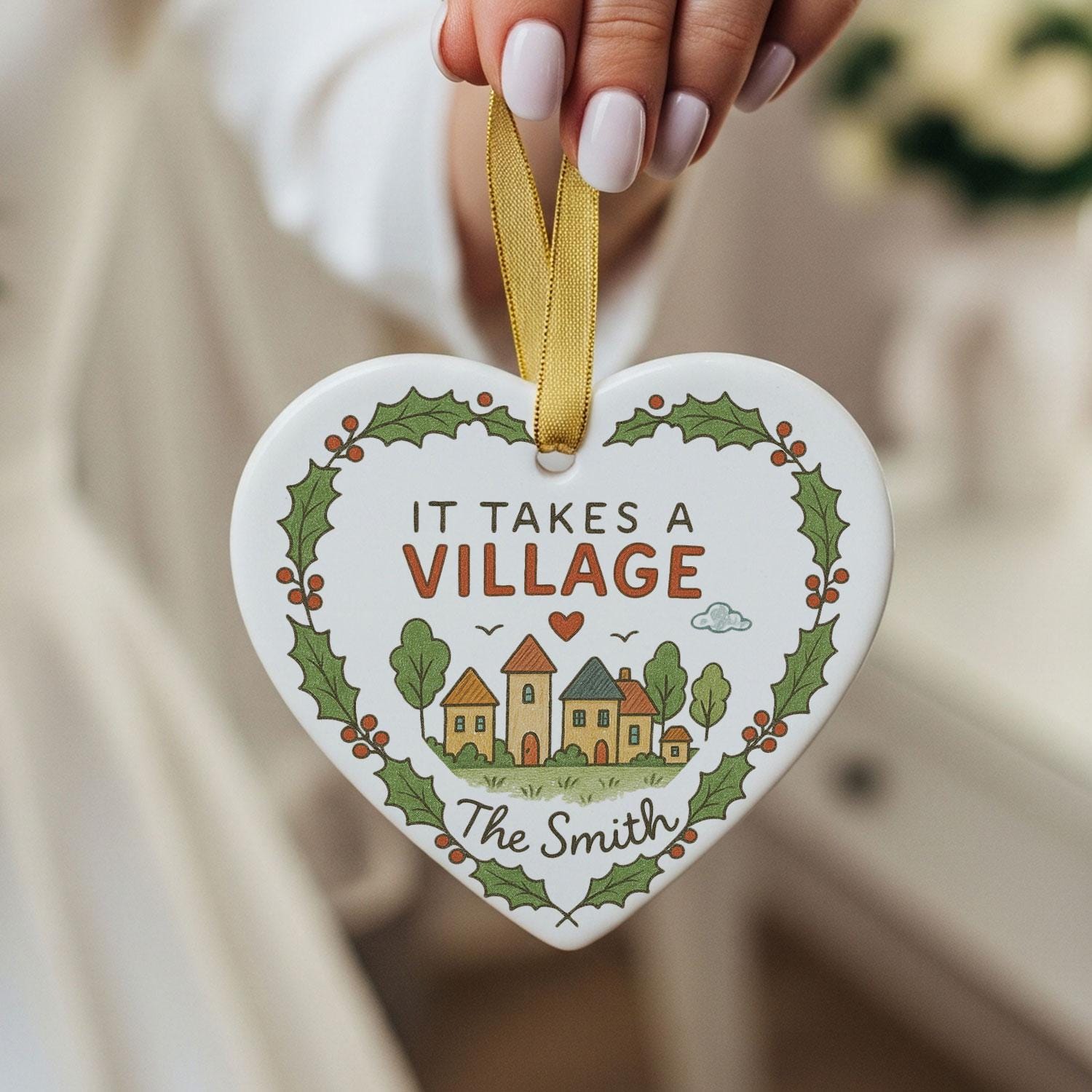 Teacher Ceramic Heart Ornament – Village Illustration, Holly Border, Custom Name