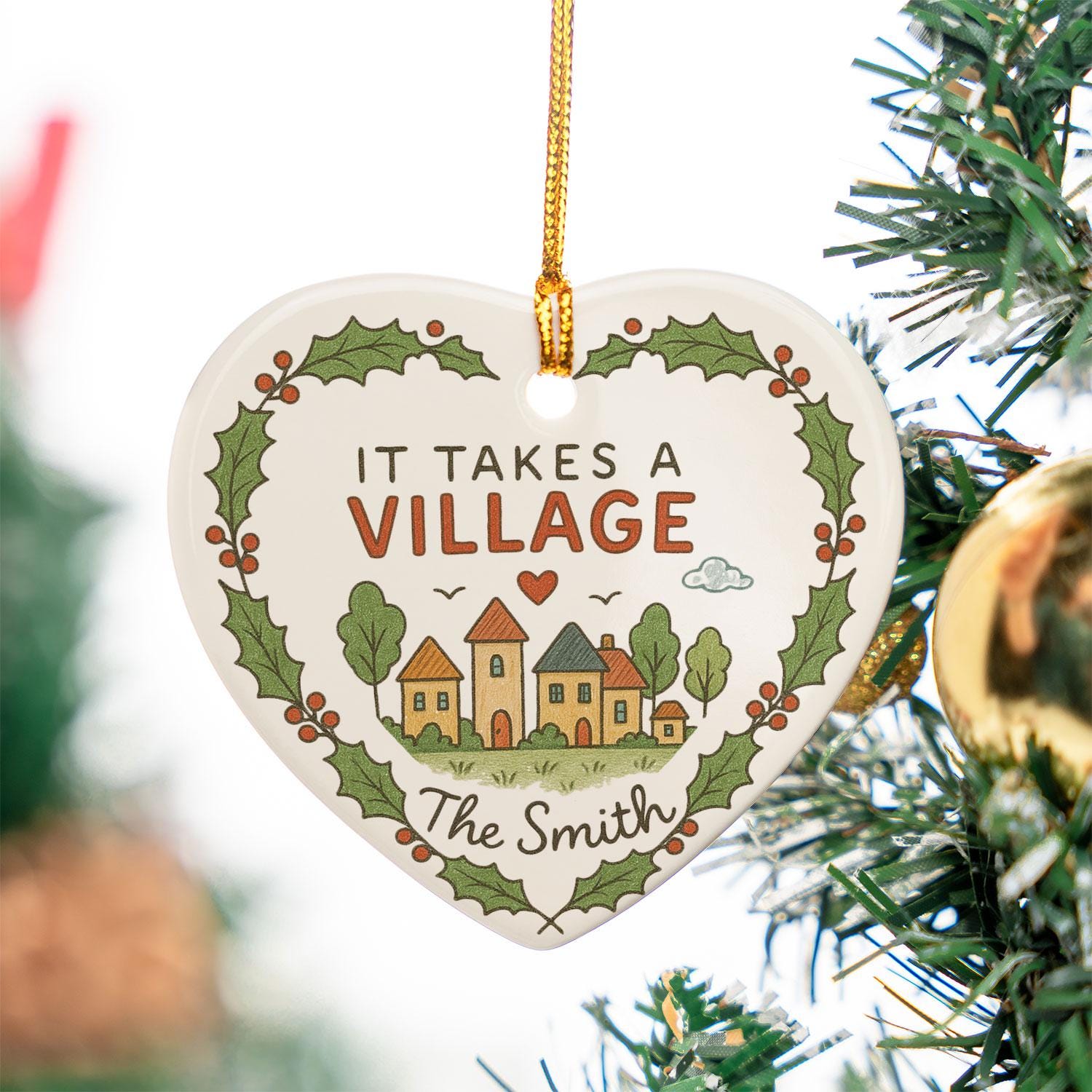 Teacher Ceramic Heart Ornament – Village Illustration, Holly Border, Custom Name