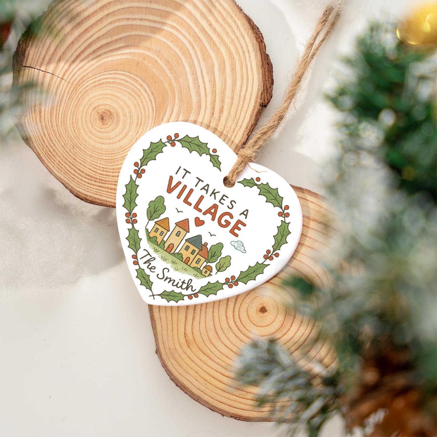 Teacher Ceramic Heart Ornament – Village Illustration, Holly Border, Custom Name