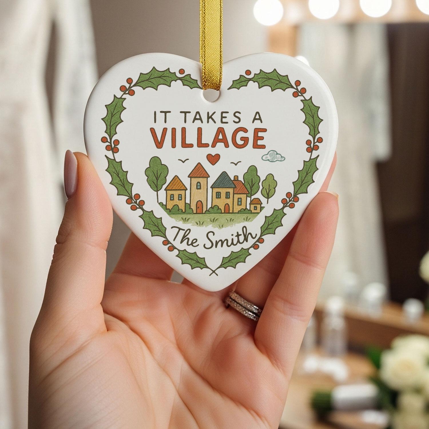 Teacher Ceramic Heart Ornament – Village Illustration, Holly Border, Custom Name