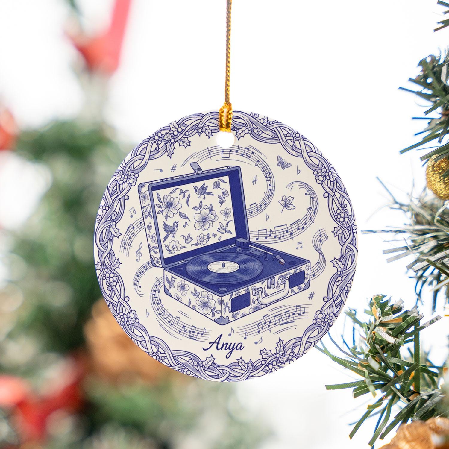Record Player Ceramic Ornament – Blue Floral, Music Notes, Custom Name