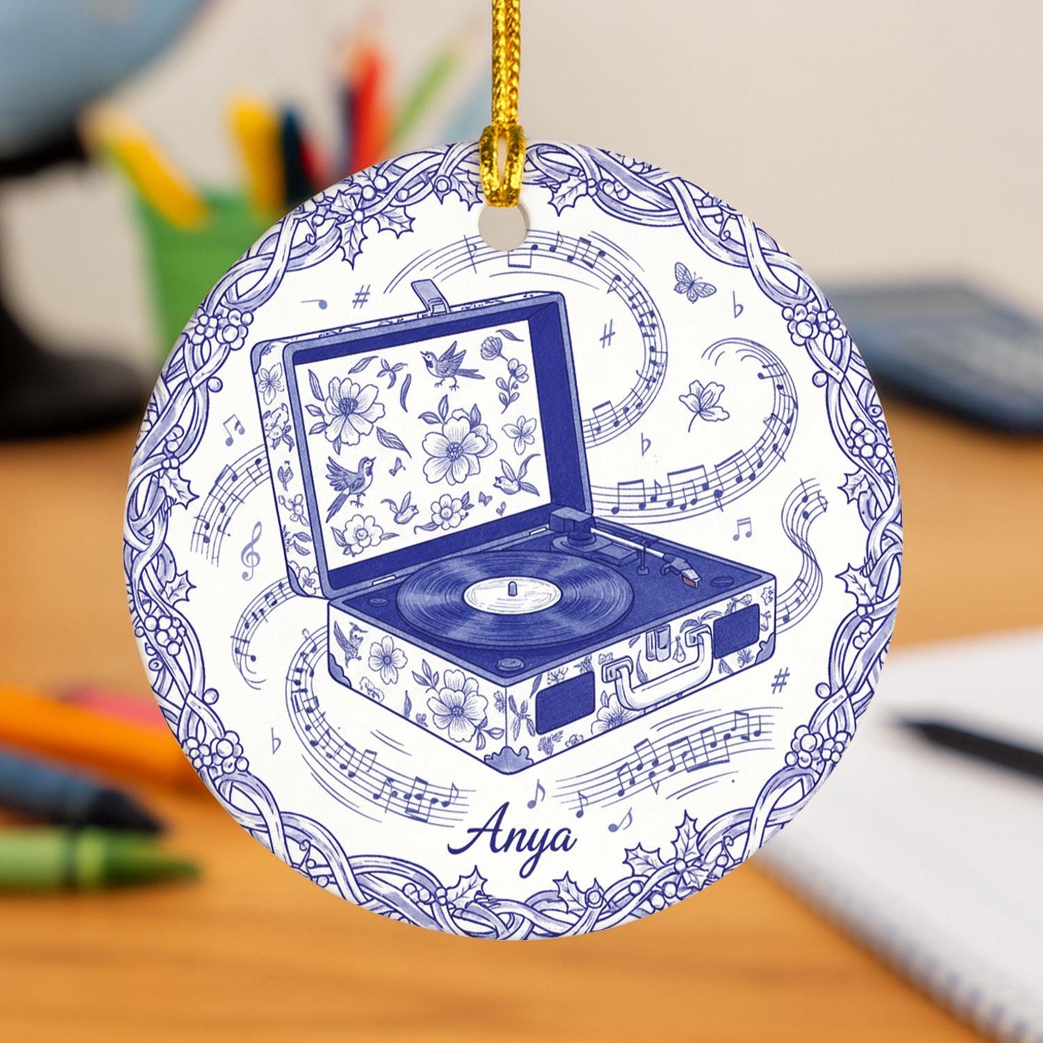 Record Player Ceramic Ornament – Blue Floral, Music Notes, Custom Name