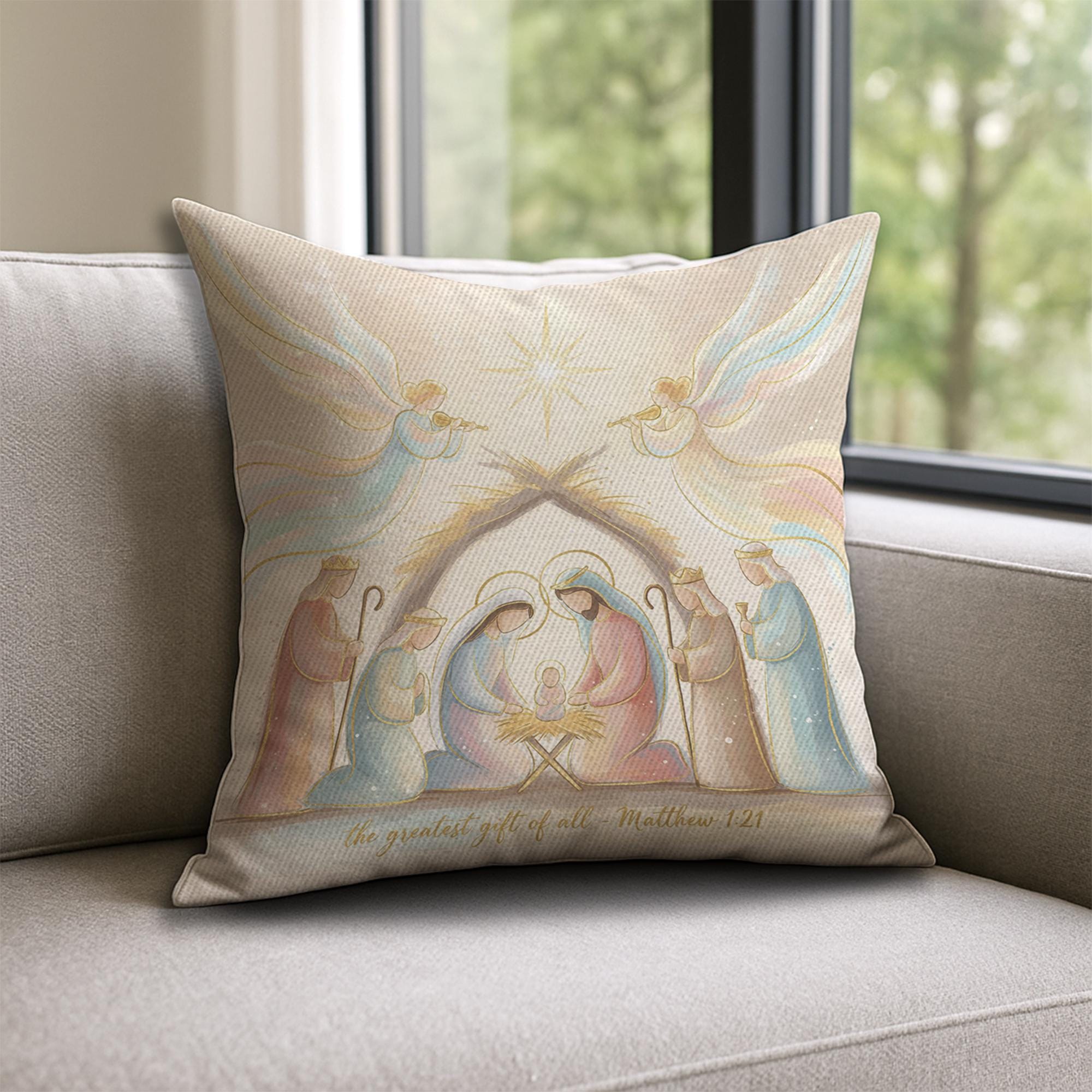Nativity Christmas Pillow – Religious Holiday Cushion with Holy Family and Bible Verse Design