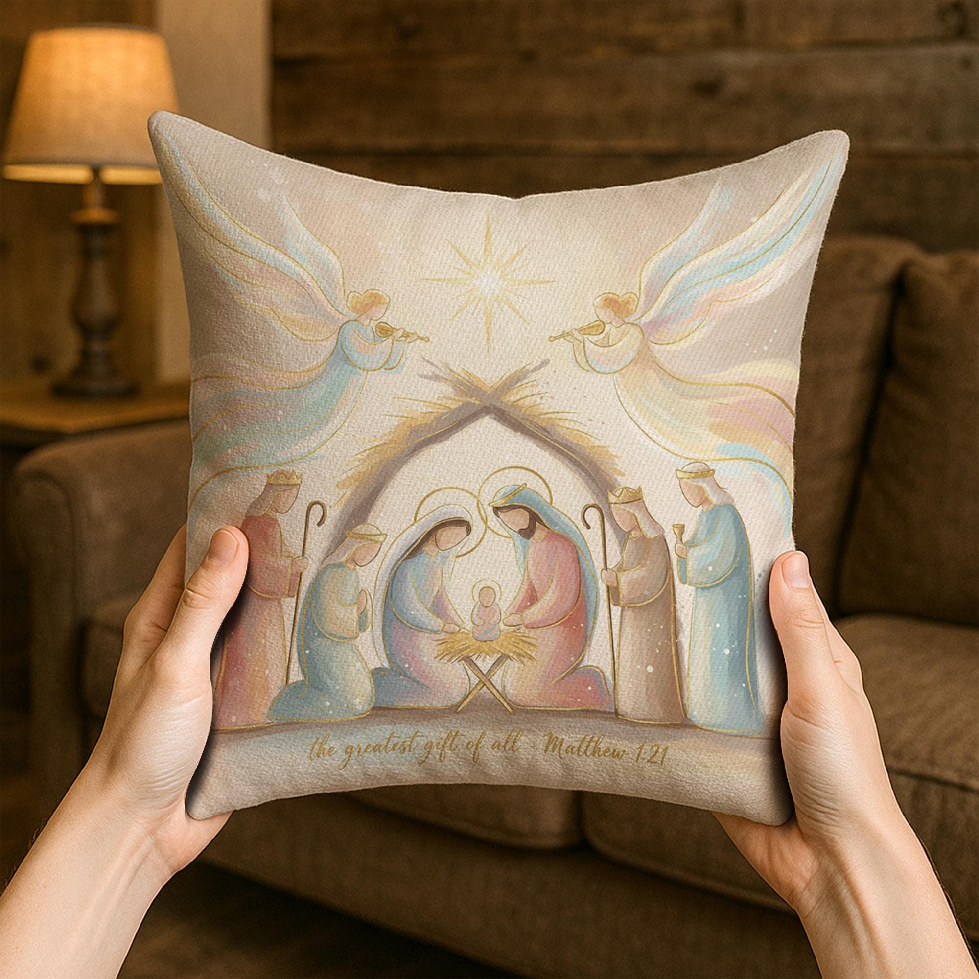 Nativity Christmas Pillow – Religious Holiday Cushion with Holy Family and Bible Verse Design