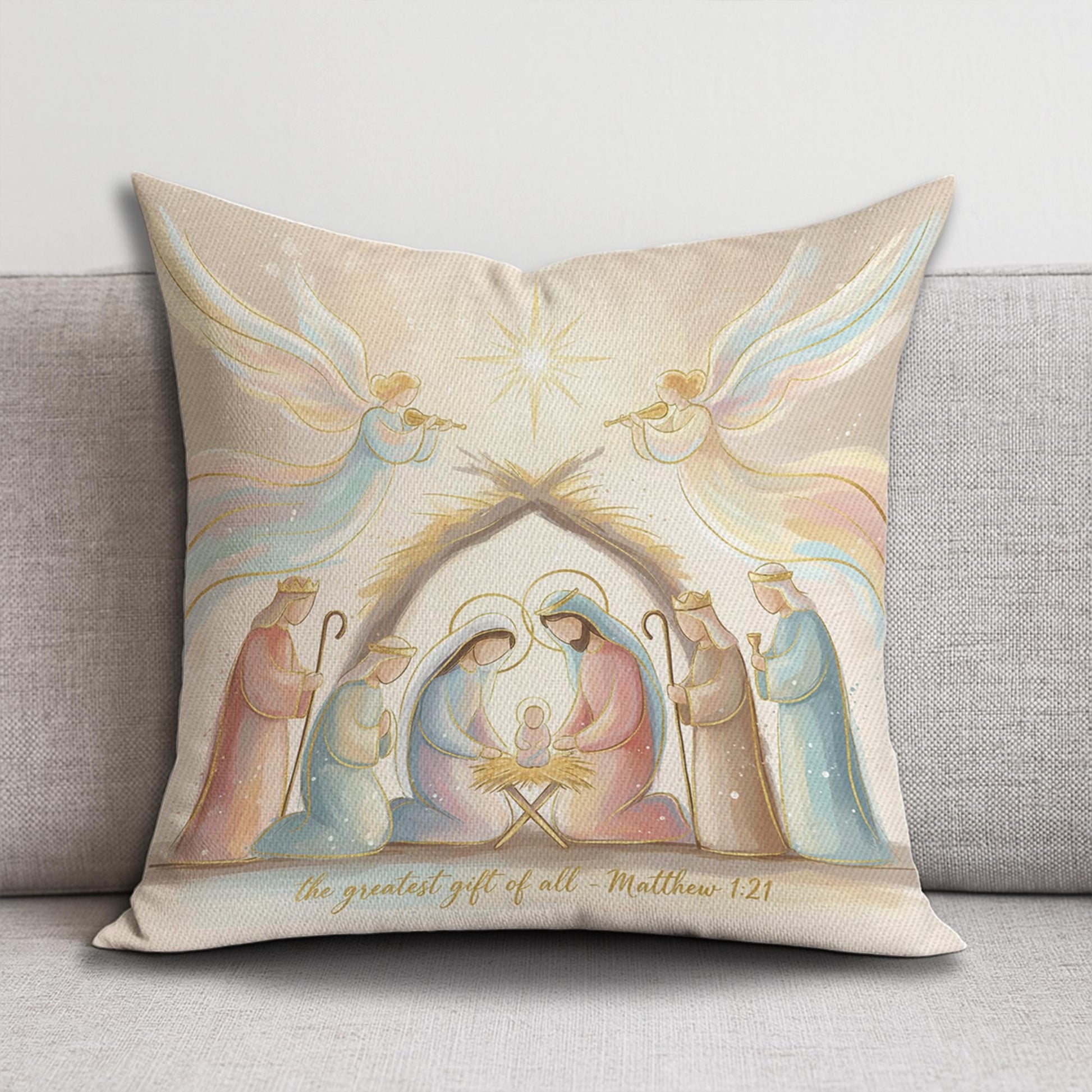 Nativity Christmas Pillow – Religious Holiday Cushion with Holy Family and Bible Verse Design