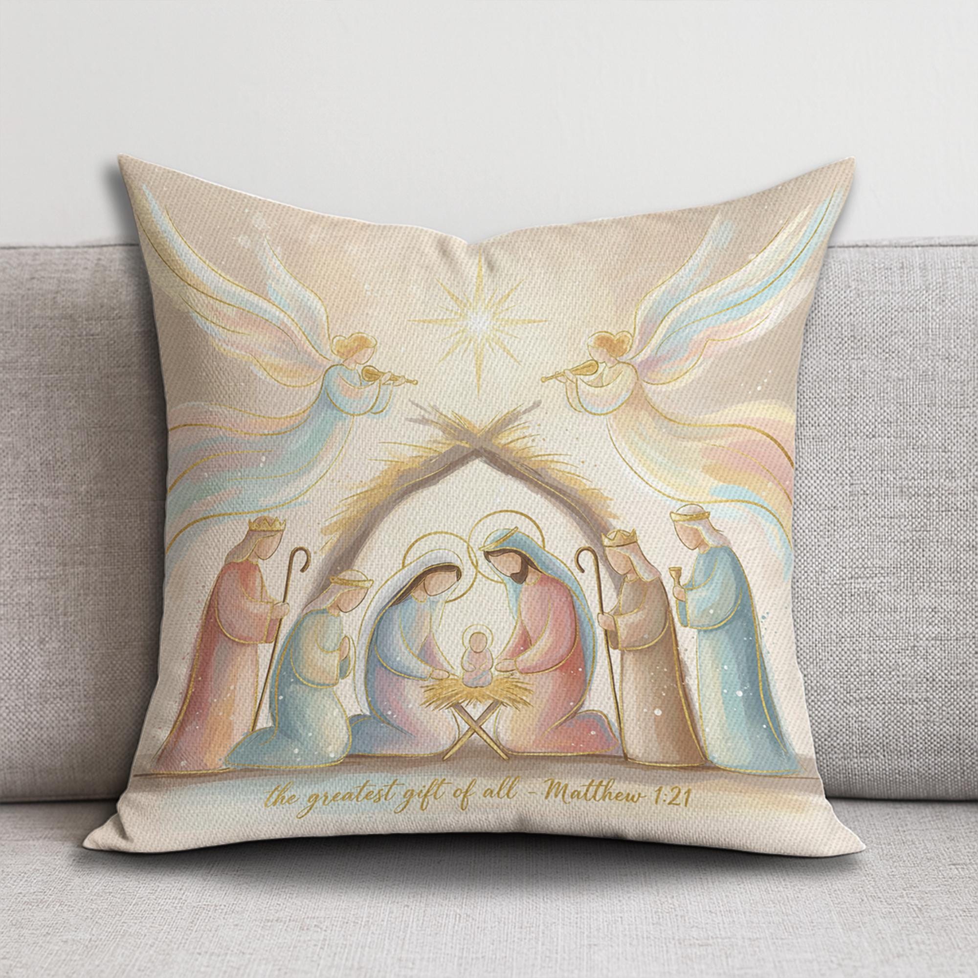 Nativity Christmas Pillow – Religious Holiday Cushion with Holy Family and Bible Verse Design