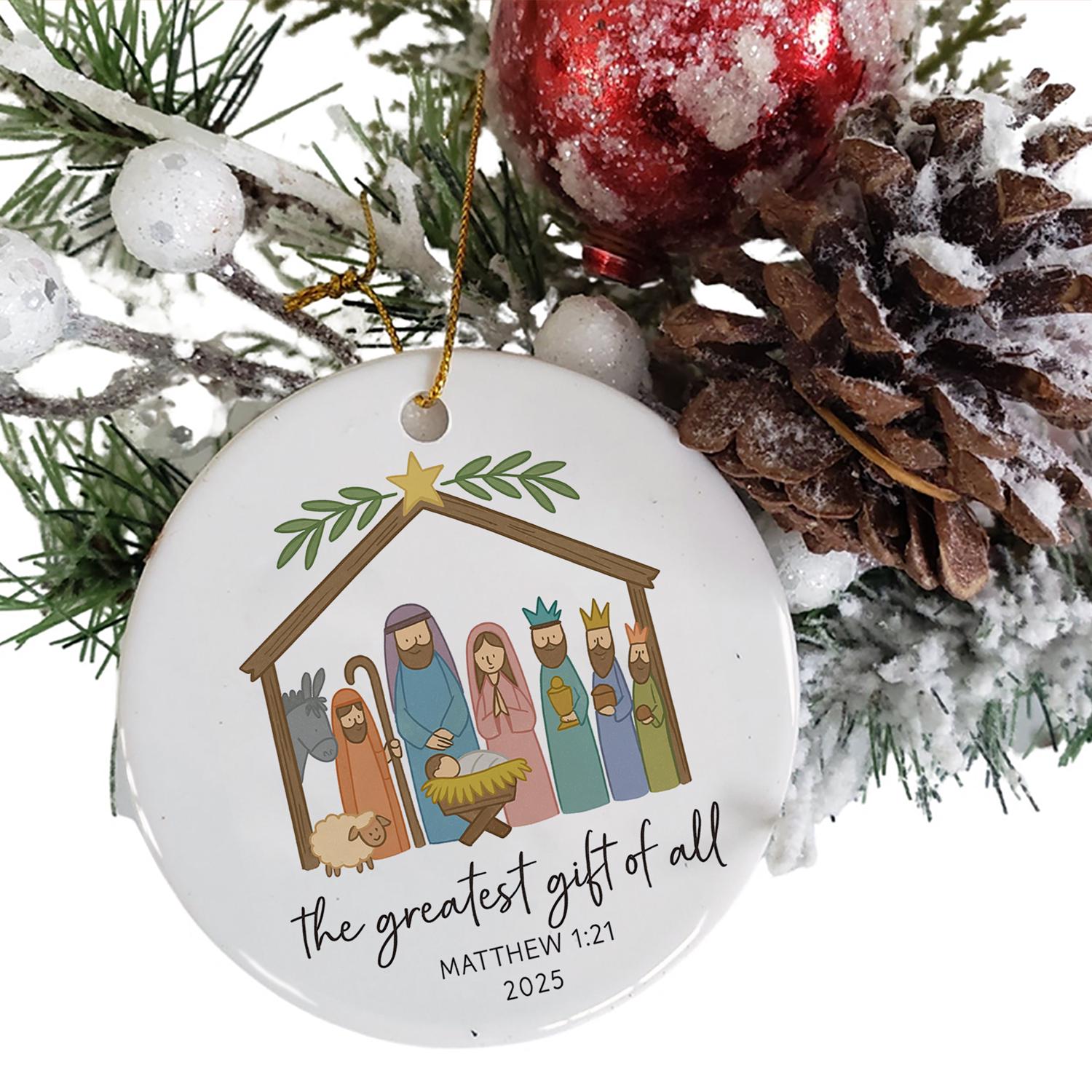 Ceramic Ornament – Nativity Scene with Holy Family and Bible Verse Decoration