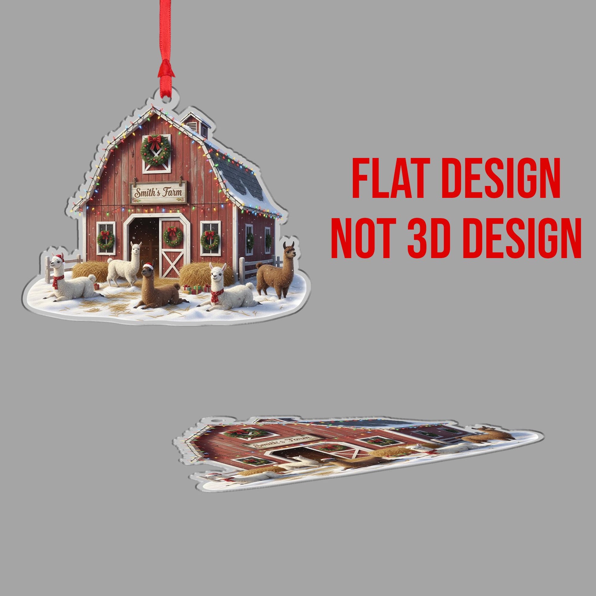 Personalized Farm Barn Ornament – Custom Christmas Tree Decoration with Llamas and Family Name