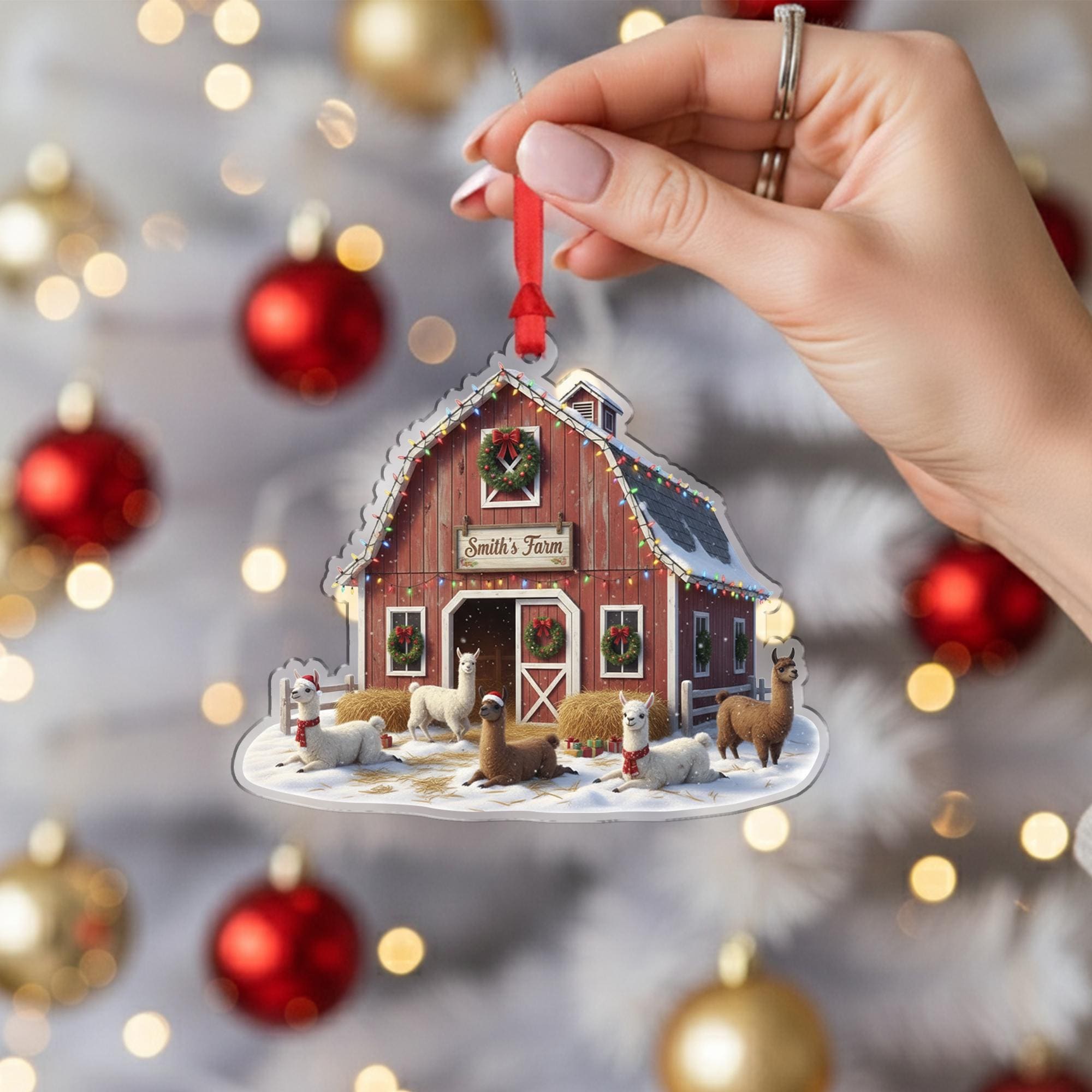 Personalized Farm Barn Ornament – Custom Christmas Tree Decoration with Llamas and Family Name