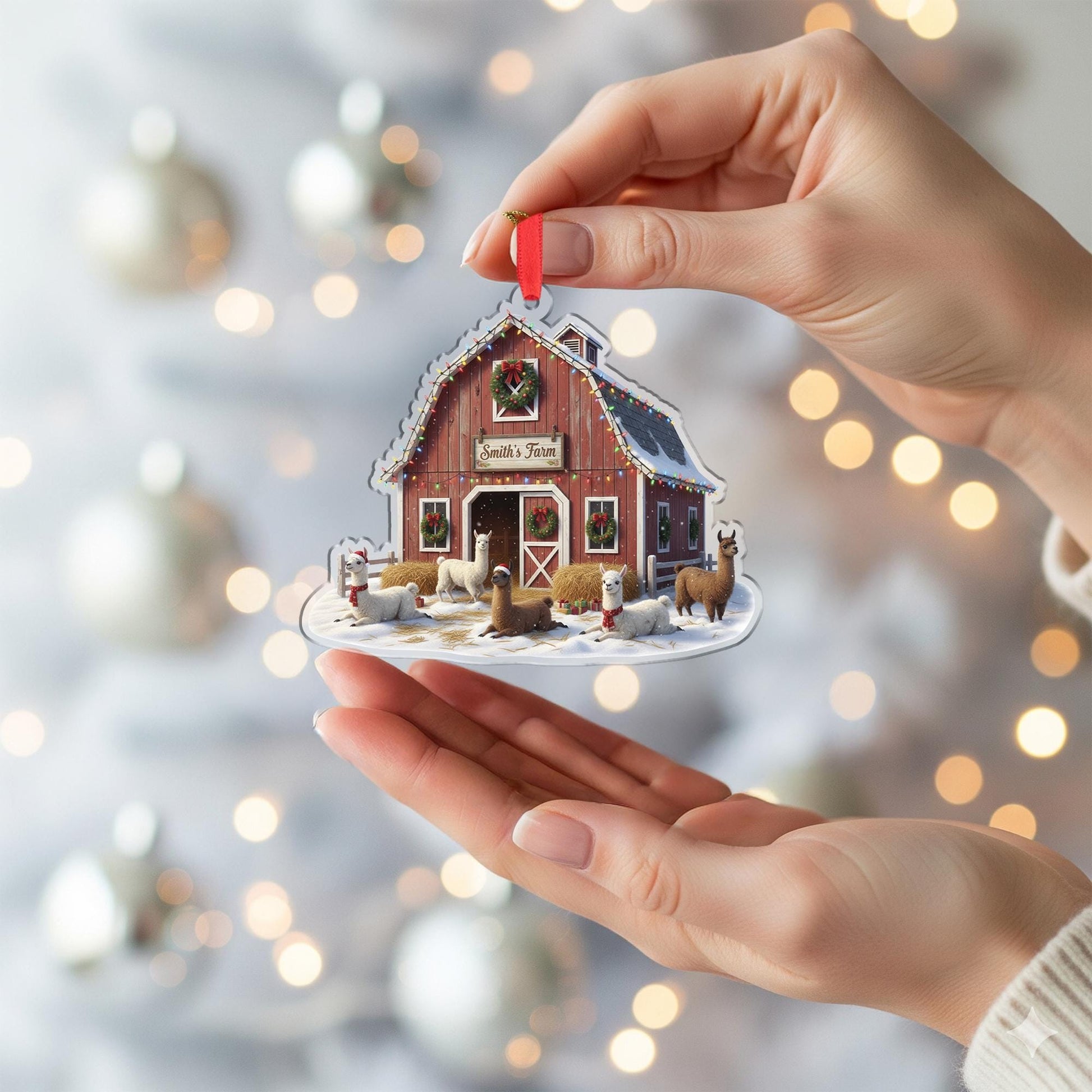 Personalized Farm Barn Ornament – Custom Christmas Tree Decoration with Llamas and Family Name
