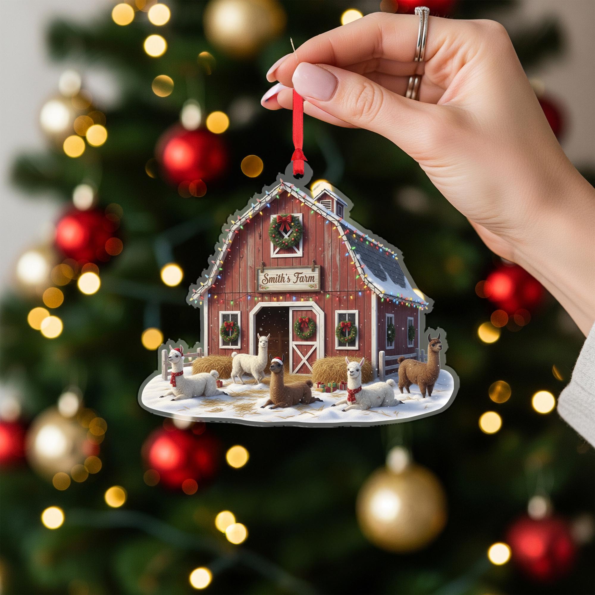 Personalized Farm Barn Ornament – Custom Christmas Tree Decoration with Llamas and Family Name