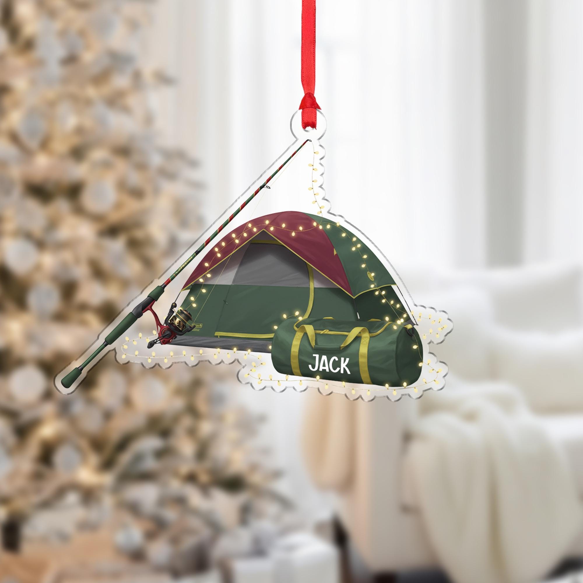 Camping Tent Fishing Ornament: Personalized Outdoor Christmas Decoration