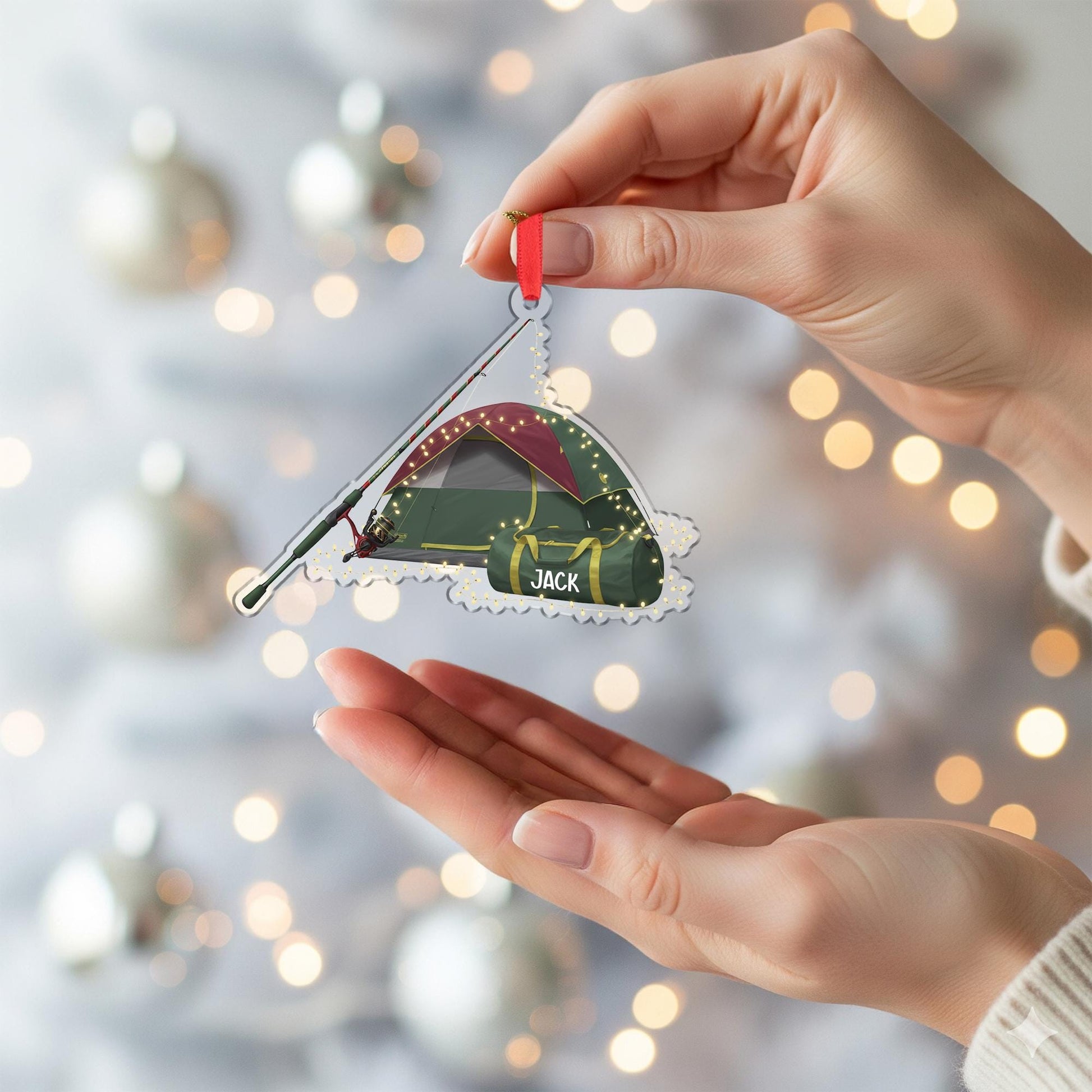 Camping Tent Fishing Ornament: Personalized Outdoor Christmas Decoration