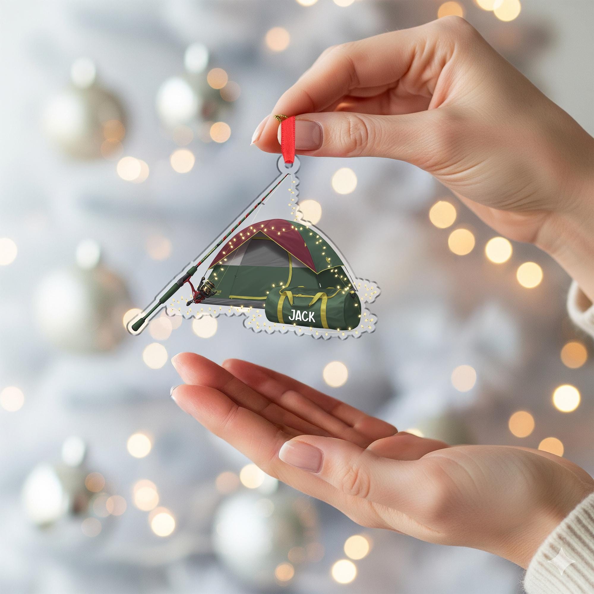 Camping Tent Fishing Ornament: Personalized Outdoor Christmas Decoration