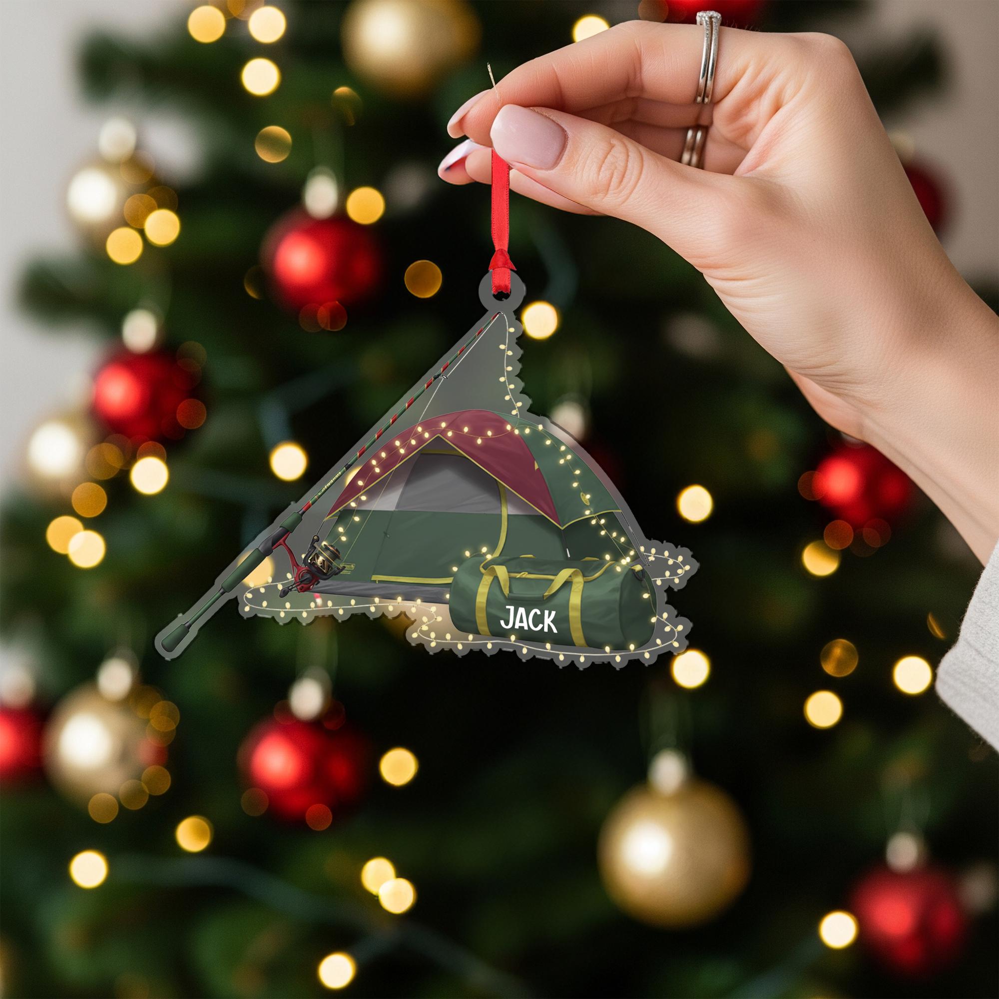 Camping Tent Fishing Ornament: Personalized Outdoor Christmas Decoration