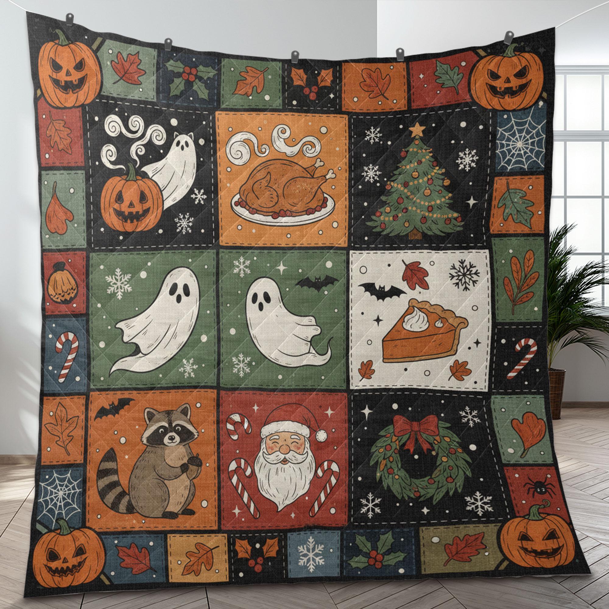 Raccoon Quilt Blanket – Patchwork Throw, Printed Holiday Blocks, Pumpkins & Ghosts