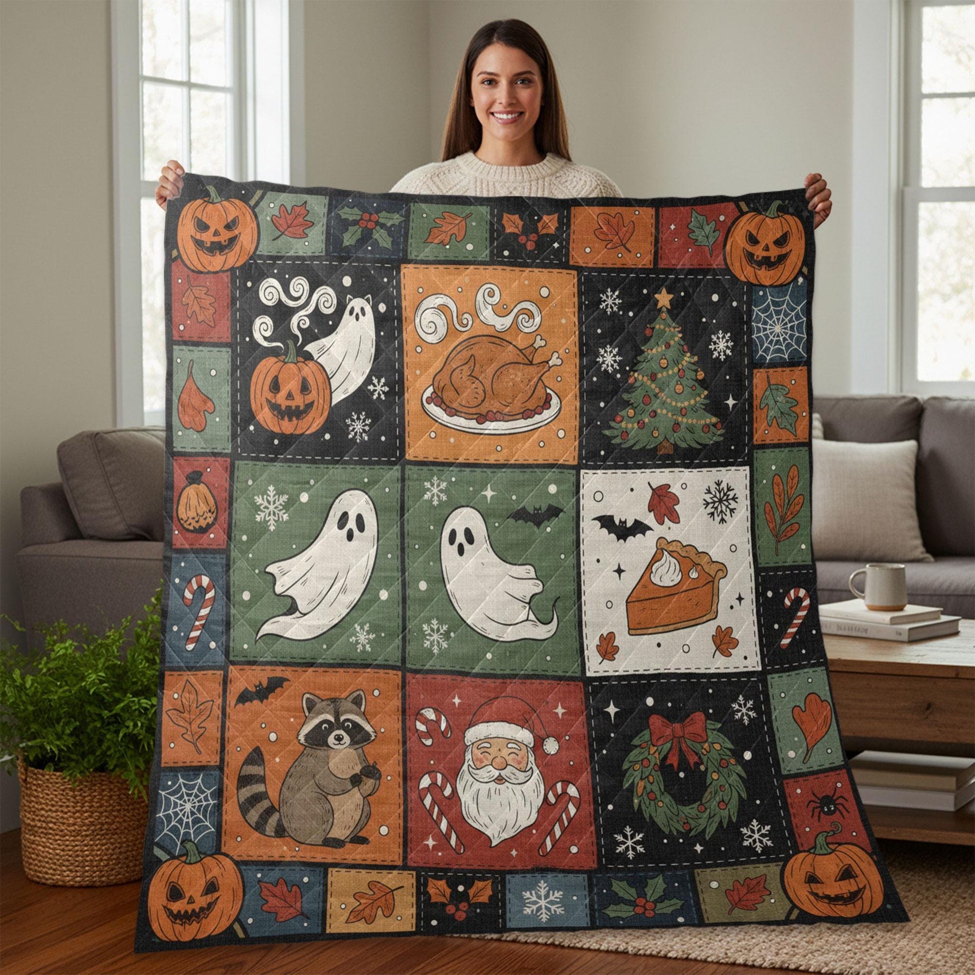 Raccoon Quilt Blanket – Patchwork Throw, Printed Holiday Blocks, Pumpkins & Ghosts