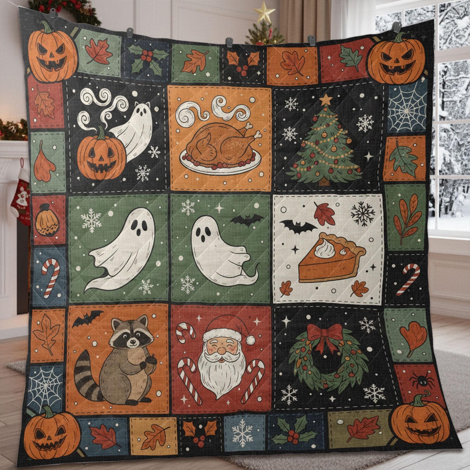 Raccoon Quilt Blanket – Patchwork Throw, Printed Holiday Blocks, Pumpkins & Ghosts