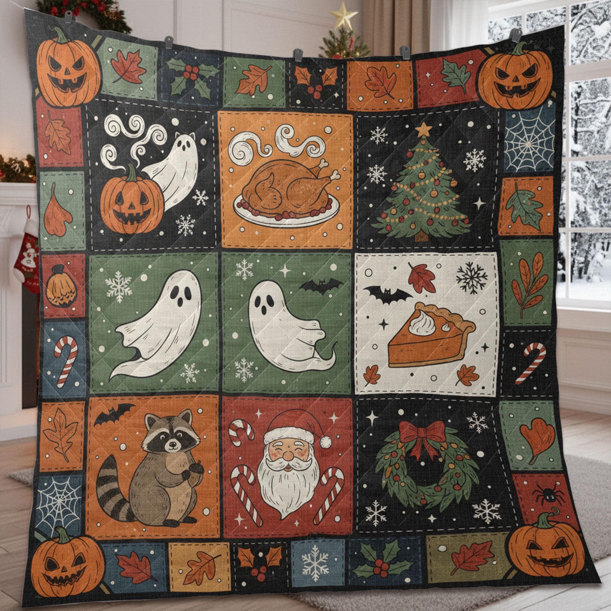 Raccoon Quilt Blanket – Patchwork Throw, Printed Holiday Blocks, Pumpkins & Ghosts