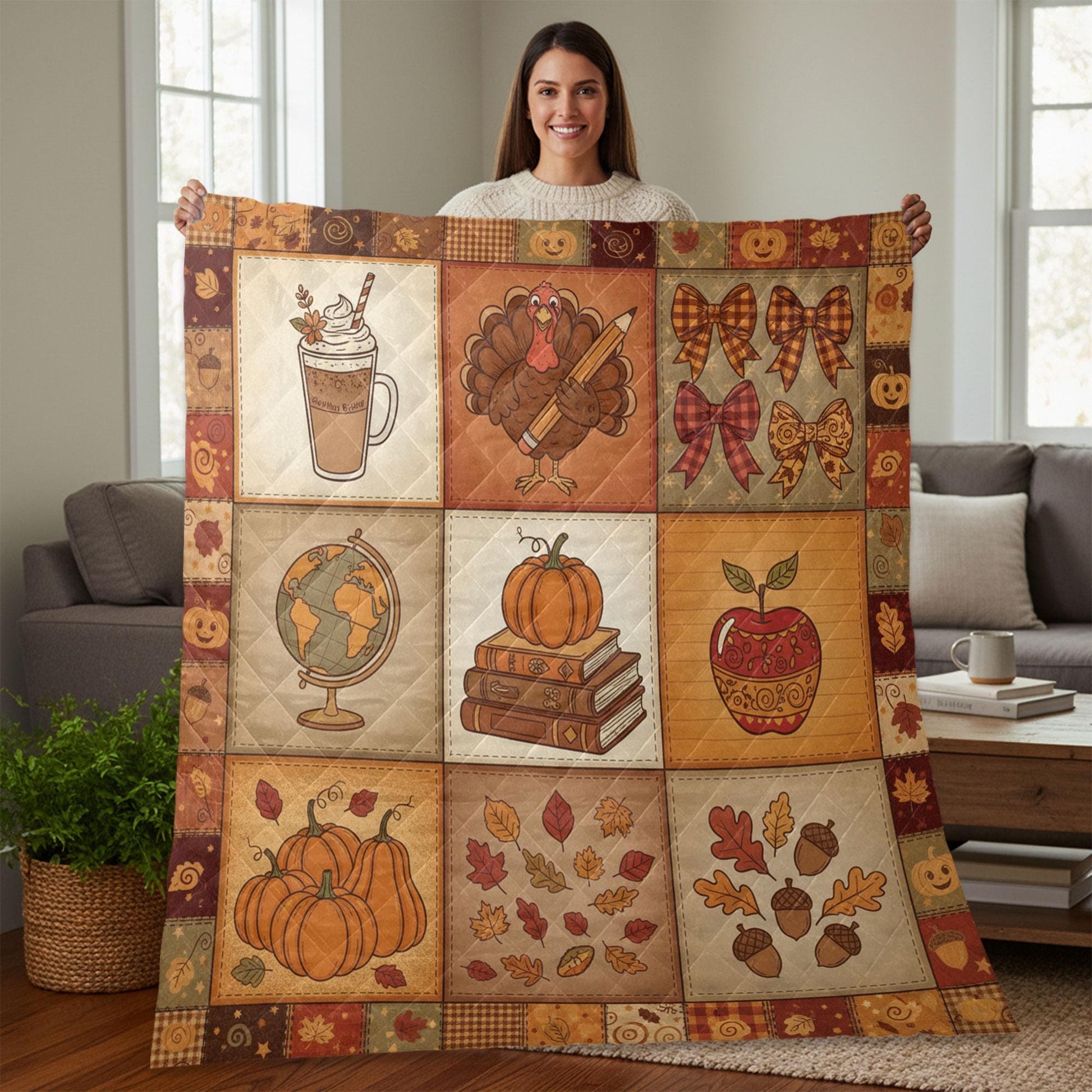 Teacher Thanksgiving Quilt Blanket – Patchwork Throw, Fall Icons with Books, Apple, Turkey
