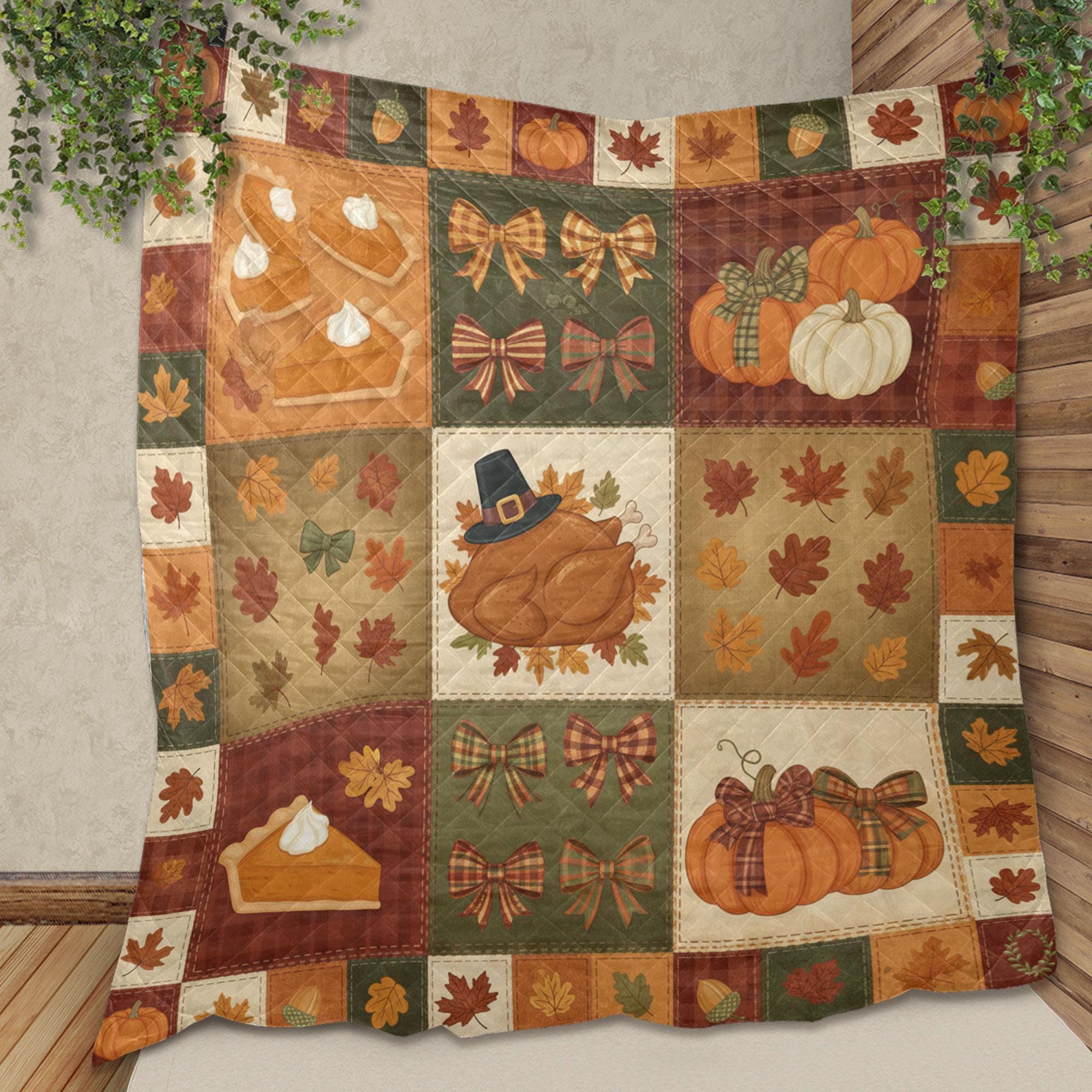 Thanksgiving Quilt Blanket – Patchwork Throw, Pumpkins Turkey Pie, Plaid Bows, Fall Leaves
