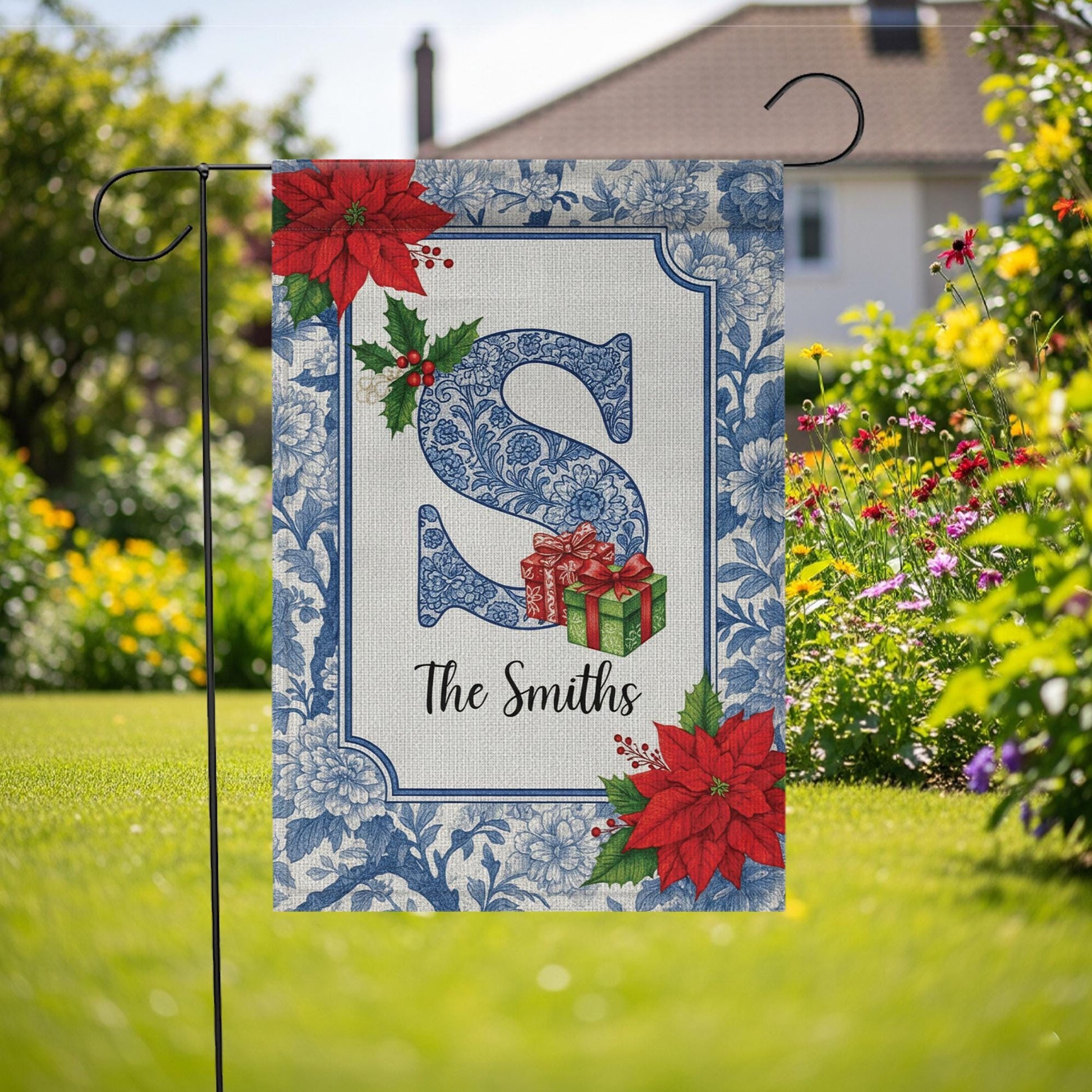 Custom Monogram Chinoiserie Christmas Garden Flag