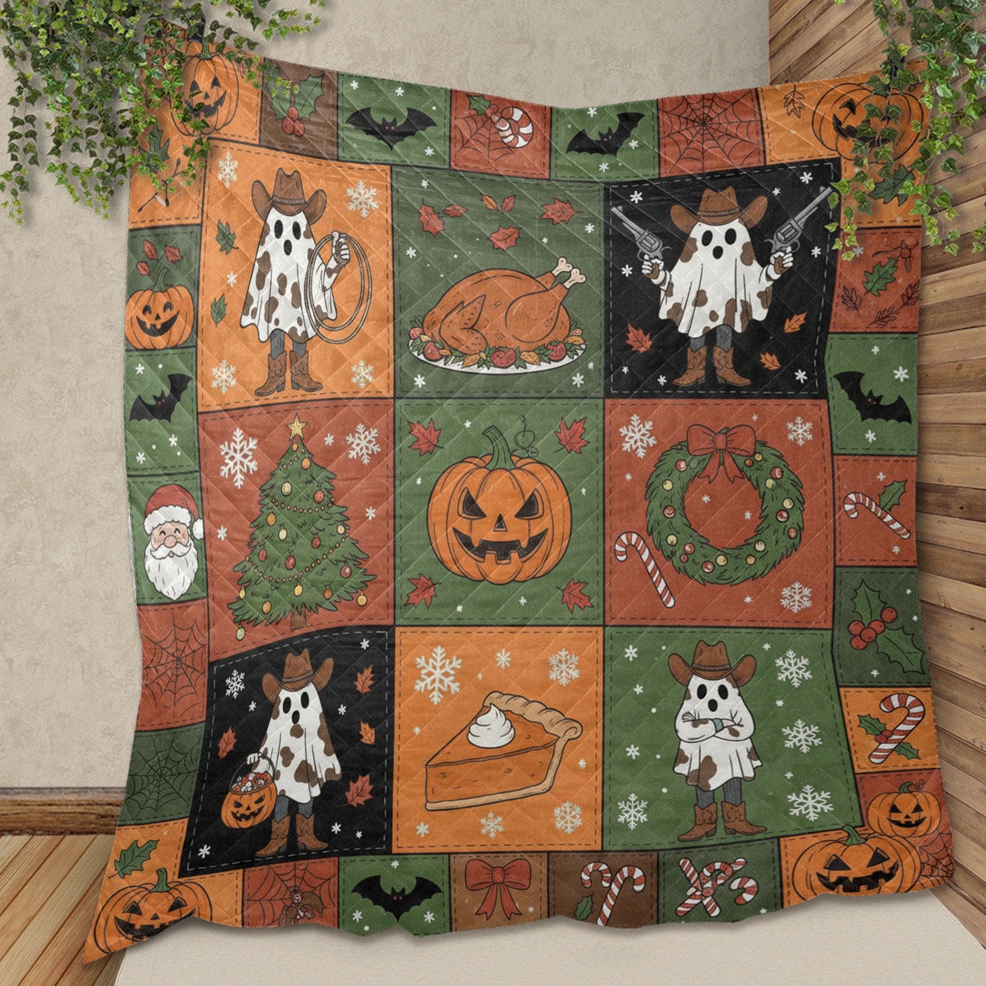 Western Quilt Blanket – Patchwork Throw, Cowboy Ghost Panels, Pumpkins Tree Wreath, Printed