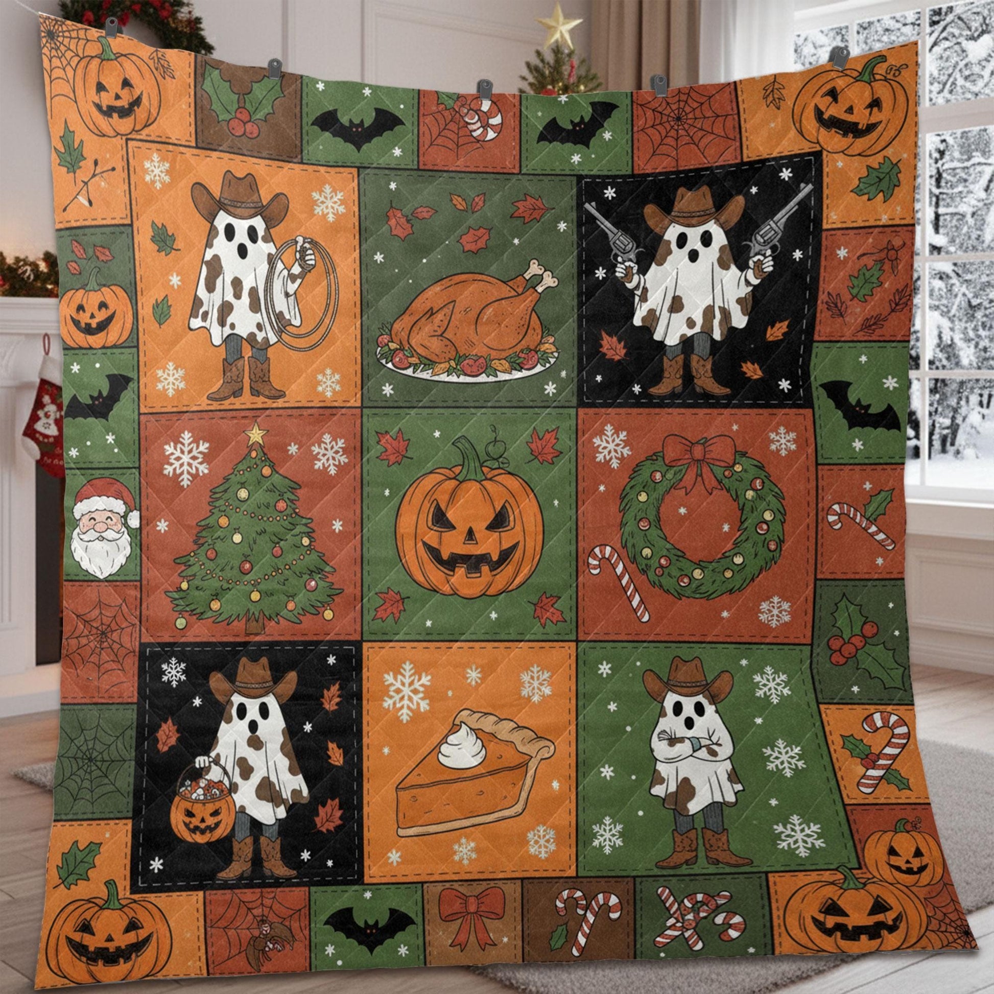 Western Quilt Blanket – Patchwork Throw, Cowboy Ghost Panels, Pumpkins Tree Wreath, Printed