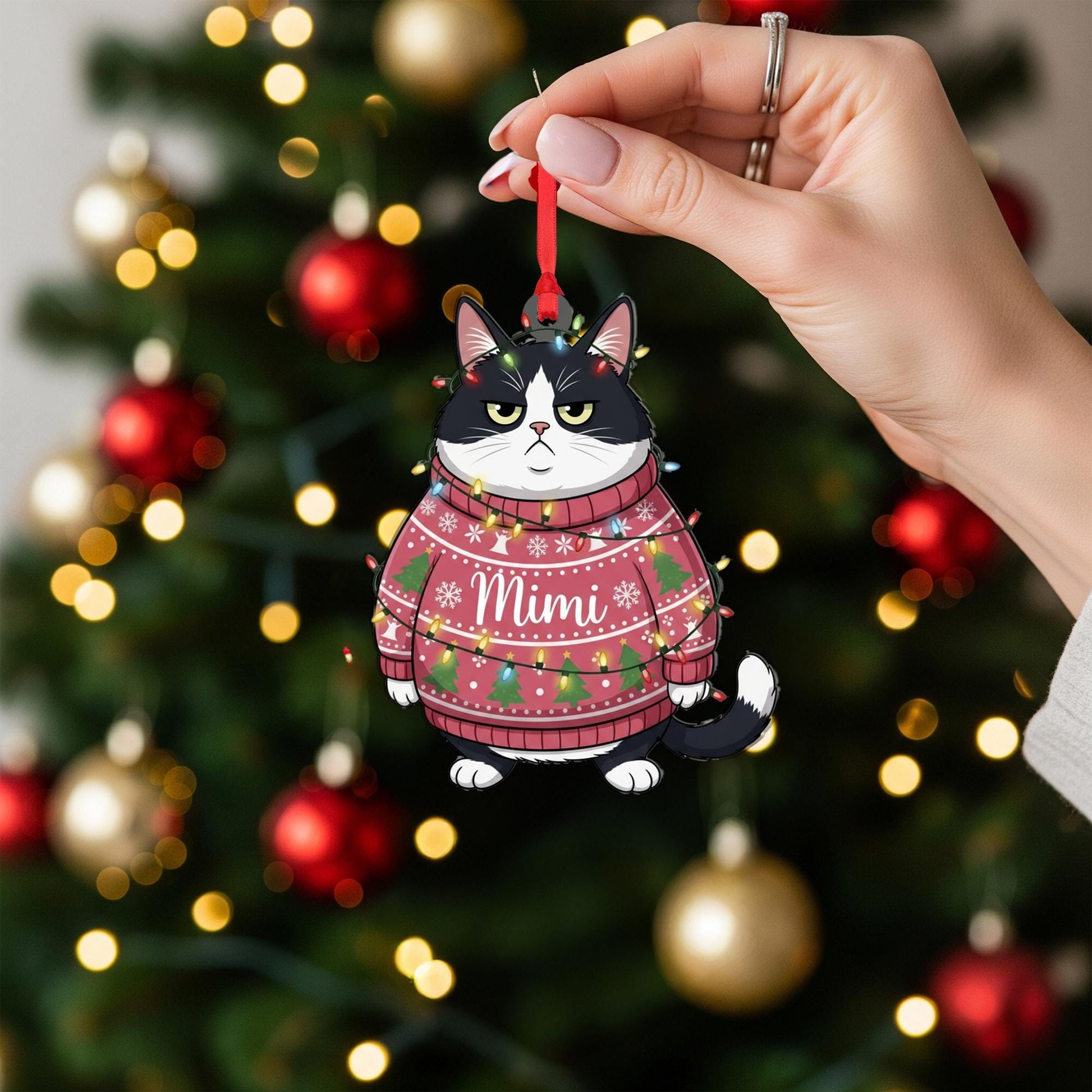 Grumpy Cat Christmas Ornament: Personalized Pet Name Holiday Decoration