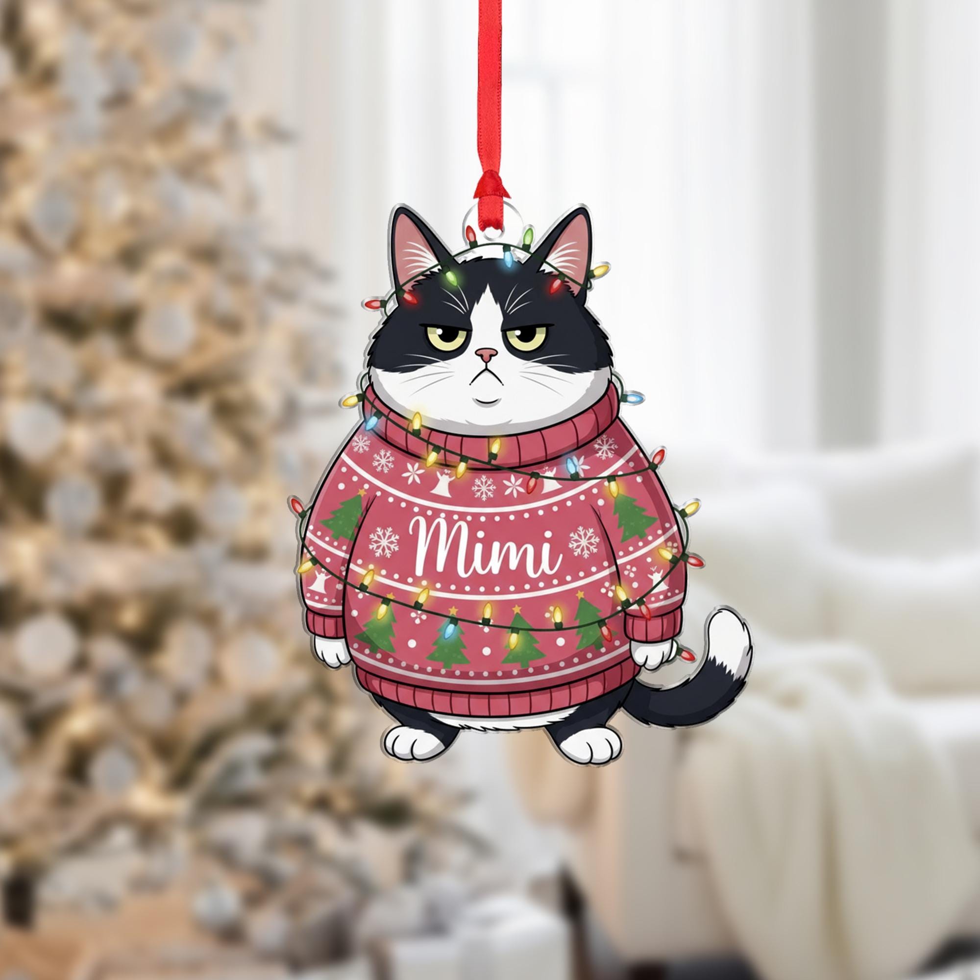 Grumpy Cat Christmas Ornament: Personalized Pet Name Holiday Decoration
