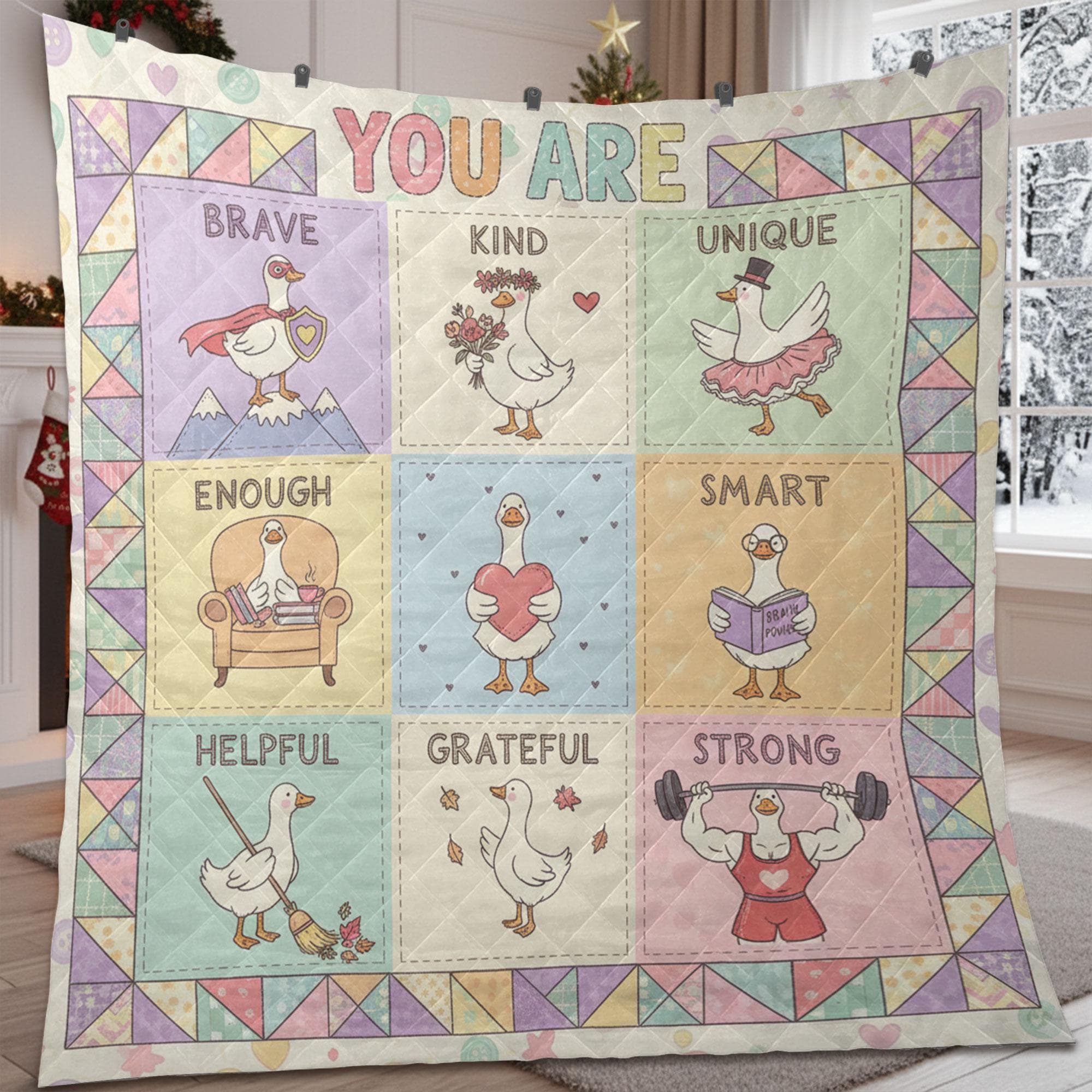 Teacher Quilt Blanket – Patchwork Throw, Positive Affirmation Goose Panels, Pastel Colors