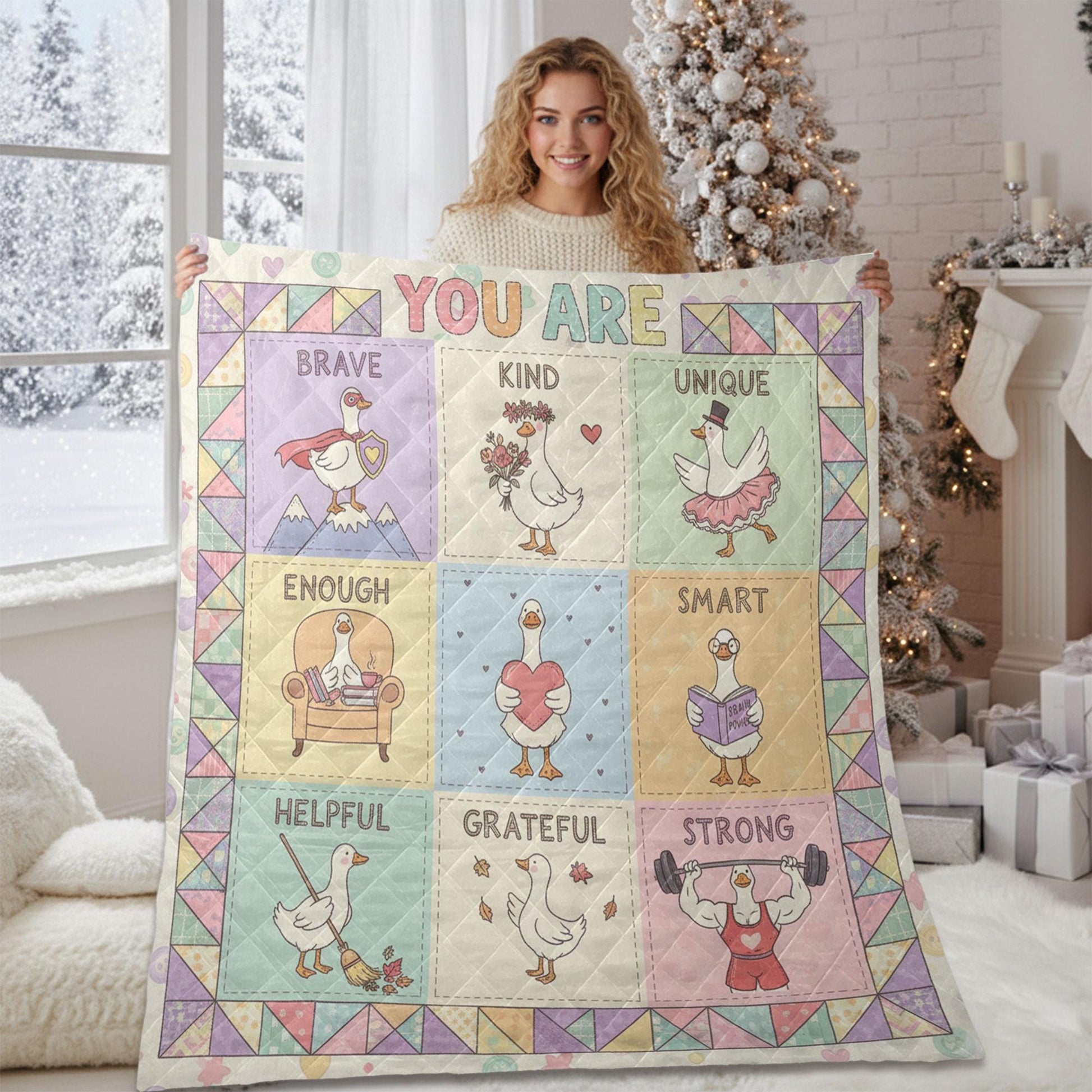 Teacher Quilt Blanket – Patchwork Throw, Positive Affirmation Goose Panels, Pastel Colors