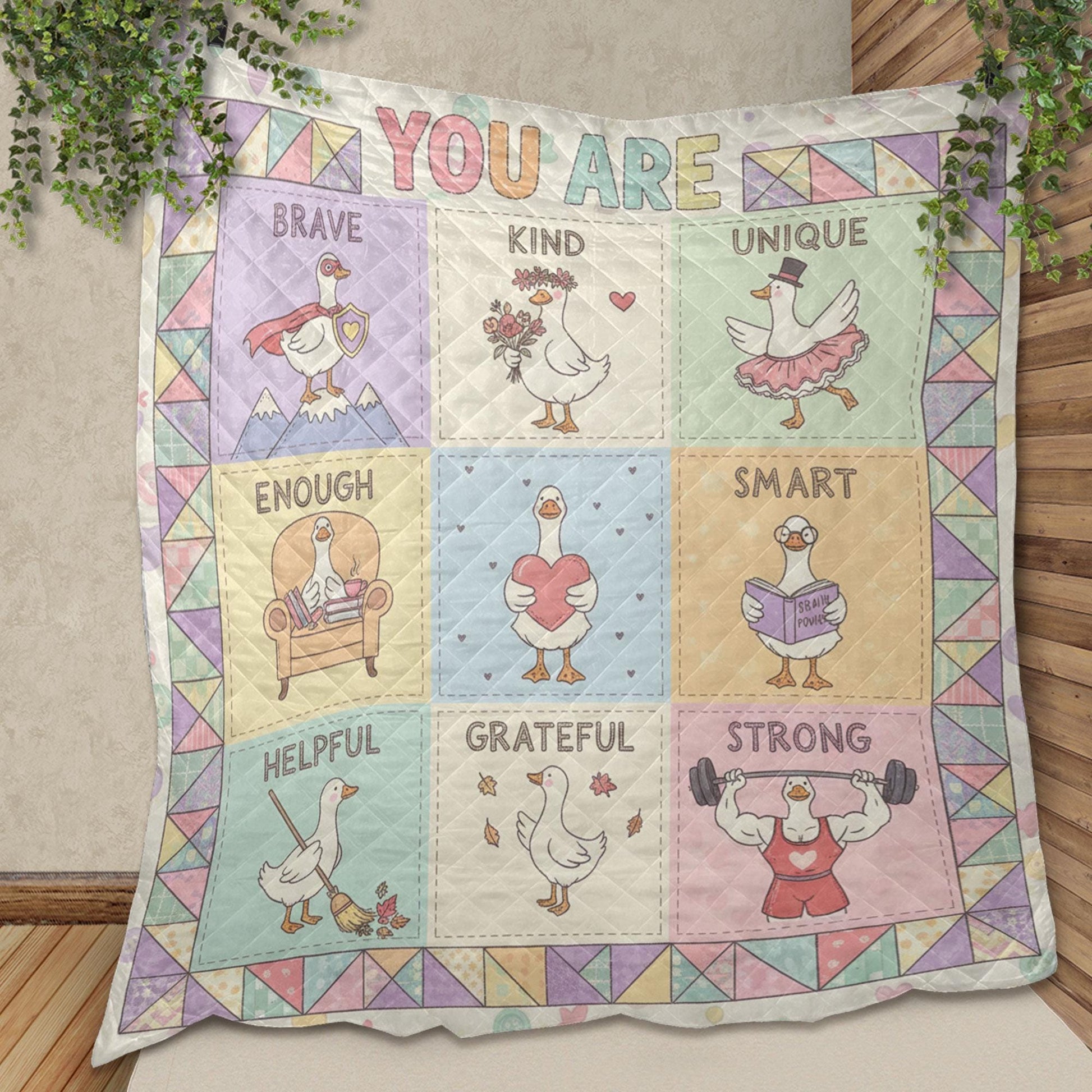 Teacher Quilt Blanket – Patchwork Throw, Positive Affirmation Goose Panels, Pastel Colors