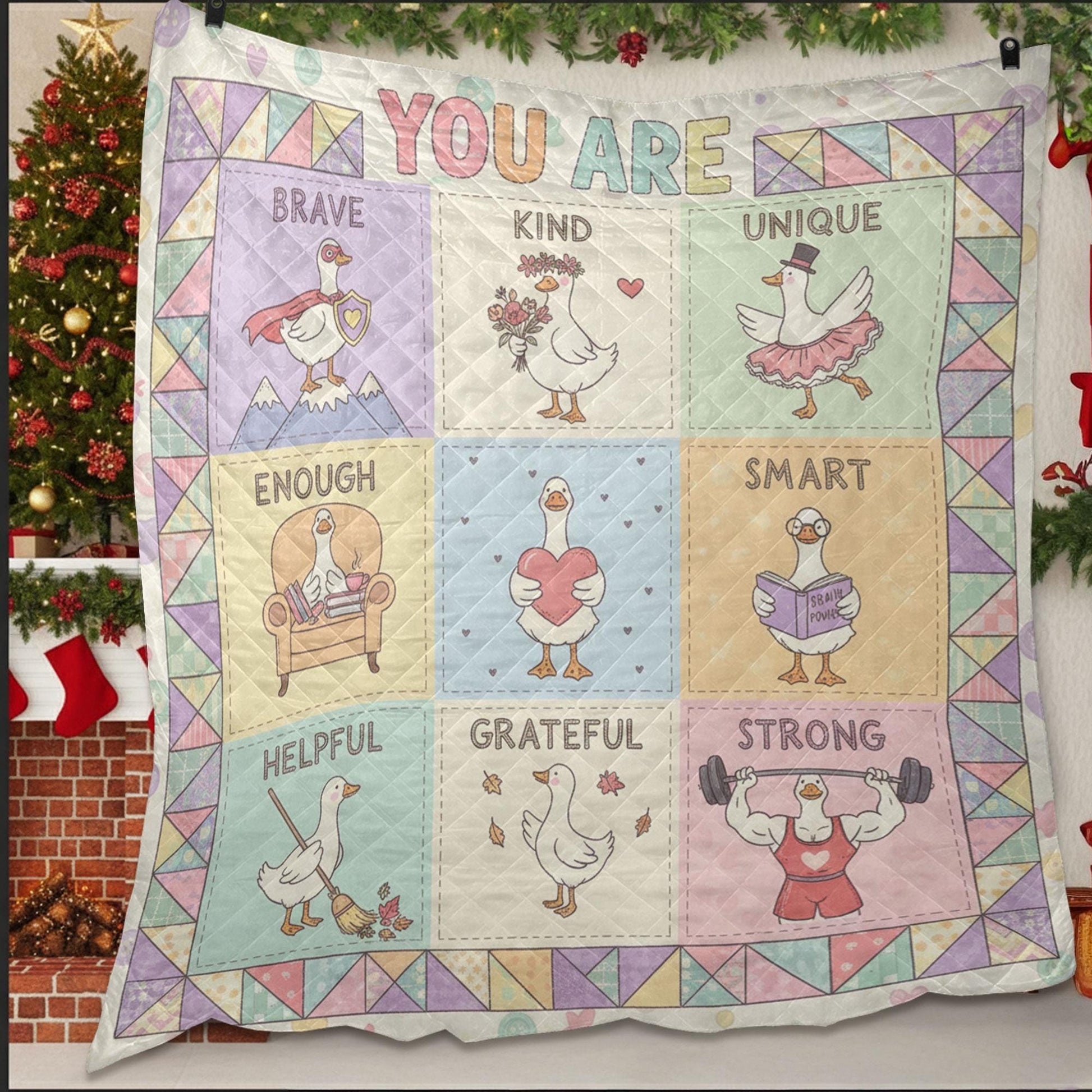 Teacher Quilt Blanket – Patchwork Throw, Positive Affirmation Goose Panels, Pastel Colors